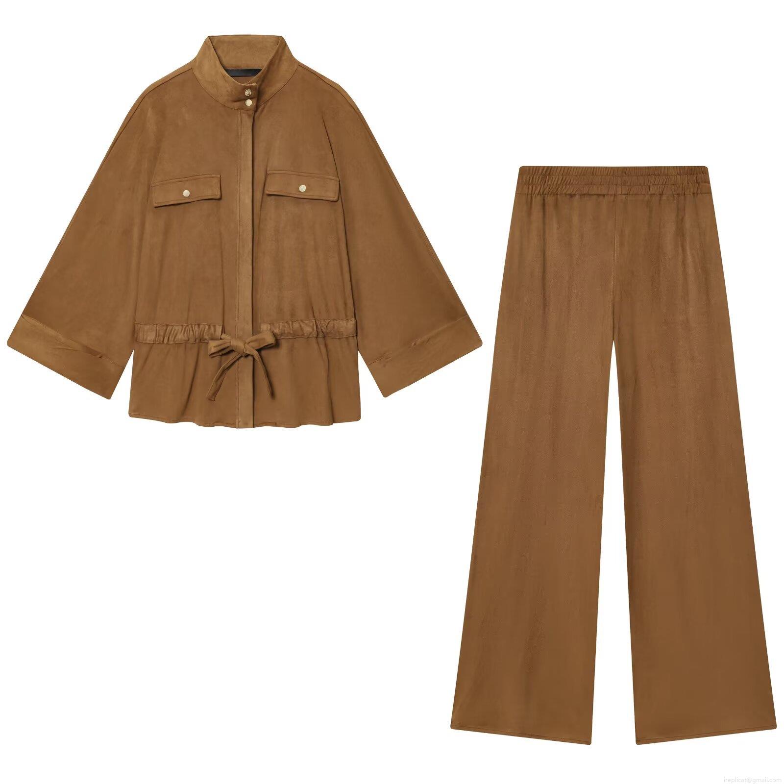 Women's European Style Faux Suede 2 Piece Set Solid Color Long Sleeve Jacket With Drawstring Belt And Wide Leg Pants Autumn Winter Casual Streetwear Two Piece Outfits