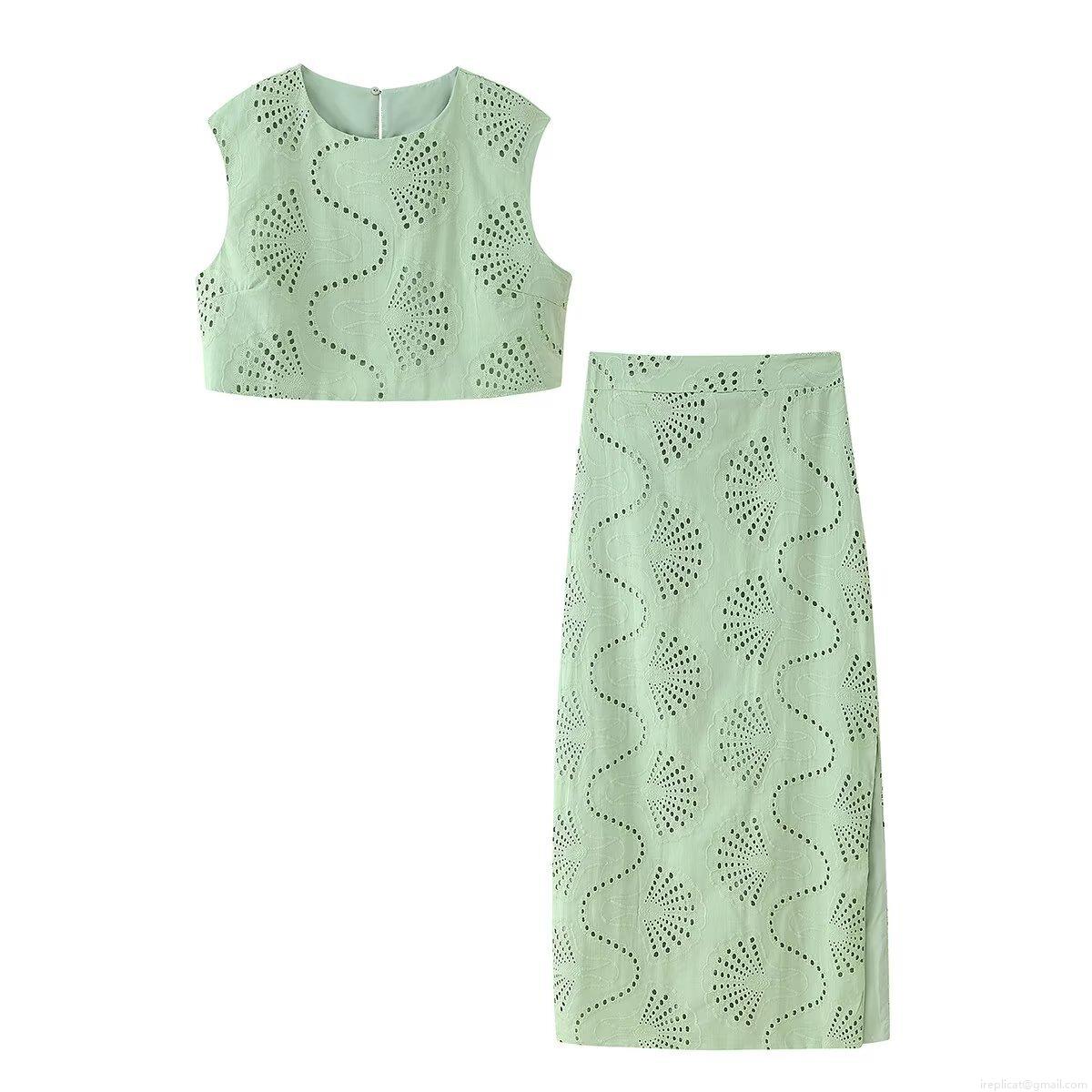 Women's Two Piece Set Sage Green Sleeveless Crop Top And High Waist Midi Skirt Outfits With Embroidered Eyelet Broderie Anglaise Detailing Elegant Streetwear Summer Fall Skirt Suit Set For Women Women's Two Piece Set Sage Green Sleeveless Crop Top And High Waist Midi Skirt Outfits With Embroidered Eyelet Broderie Anglaise Detailing Elegant Streetwear Summer Fall Skirt Suit Set For Women