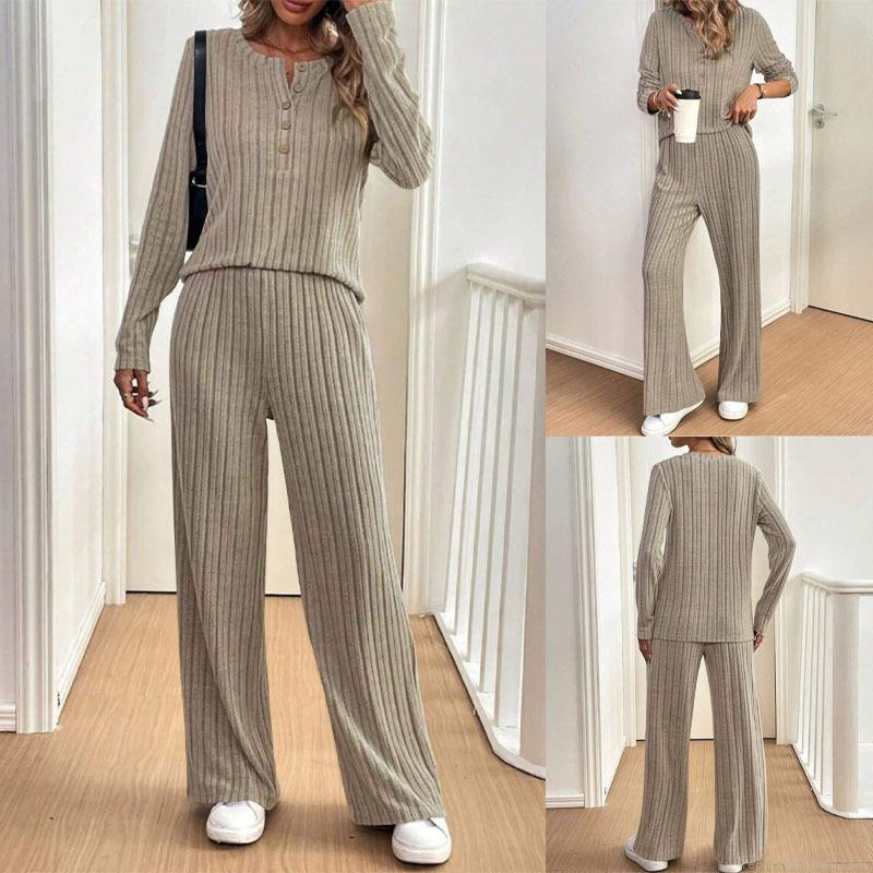 Women Plus Size Autumn Winter Ribbed Knit Two Piece Set Casual Button Long Sleeve Top and High Waist Wide Leg Pants Loungewear Co-ord Set Outfit Women Plus Size Autumn Winter Ribbed Knit Two Piece Set Casual Button Long Sleeve Top and High Waist Wide Leg Pants Loungewear Co-ord Set Outfit