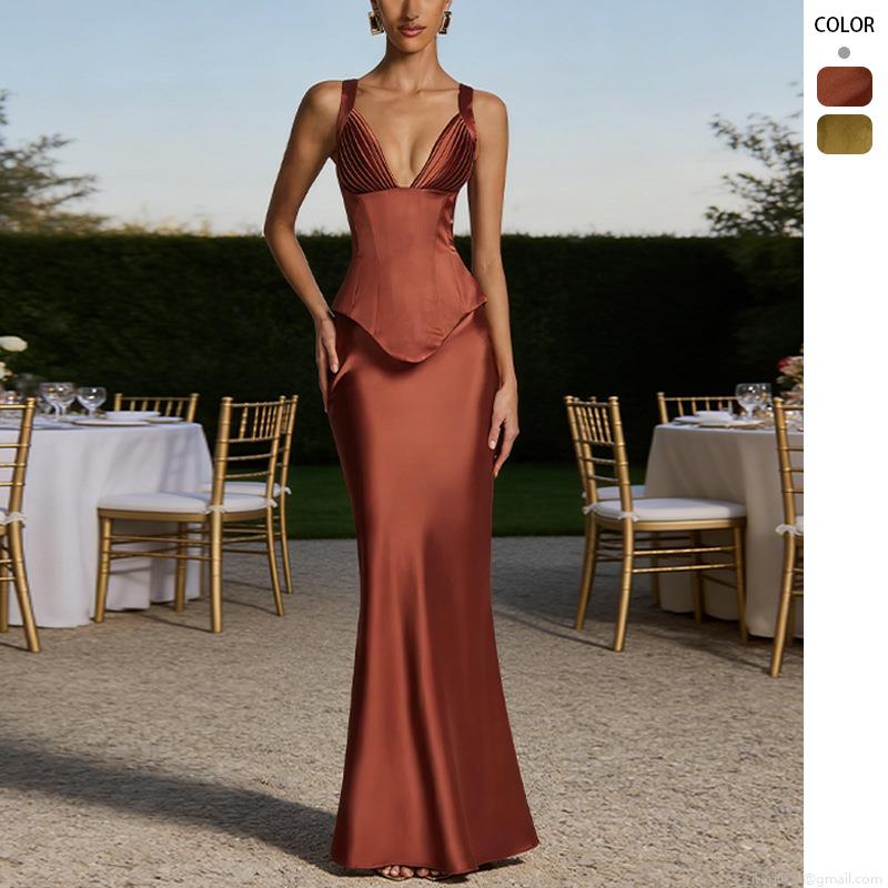 Women Sexy Satin Two Piece Skirt Set Corset V Neck Lace Up Crop Top and Mermaid Maxi Skirt Elegant Backless Evening Party Long Dress Set Women Sexy Satin Two Piece Skirt Set Corset V Neck Lace Up Crop Top and Mermaid Maxi Skirt Elegant Backless Evening Party Long Dress Set