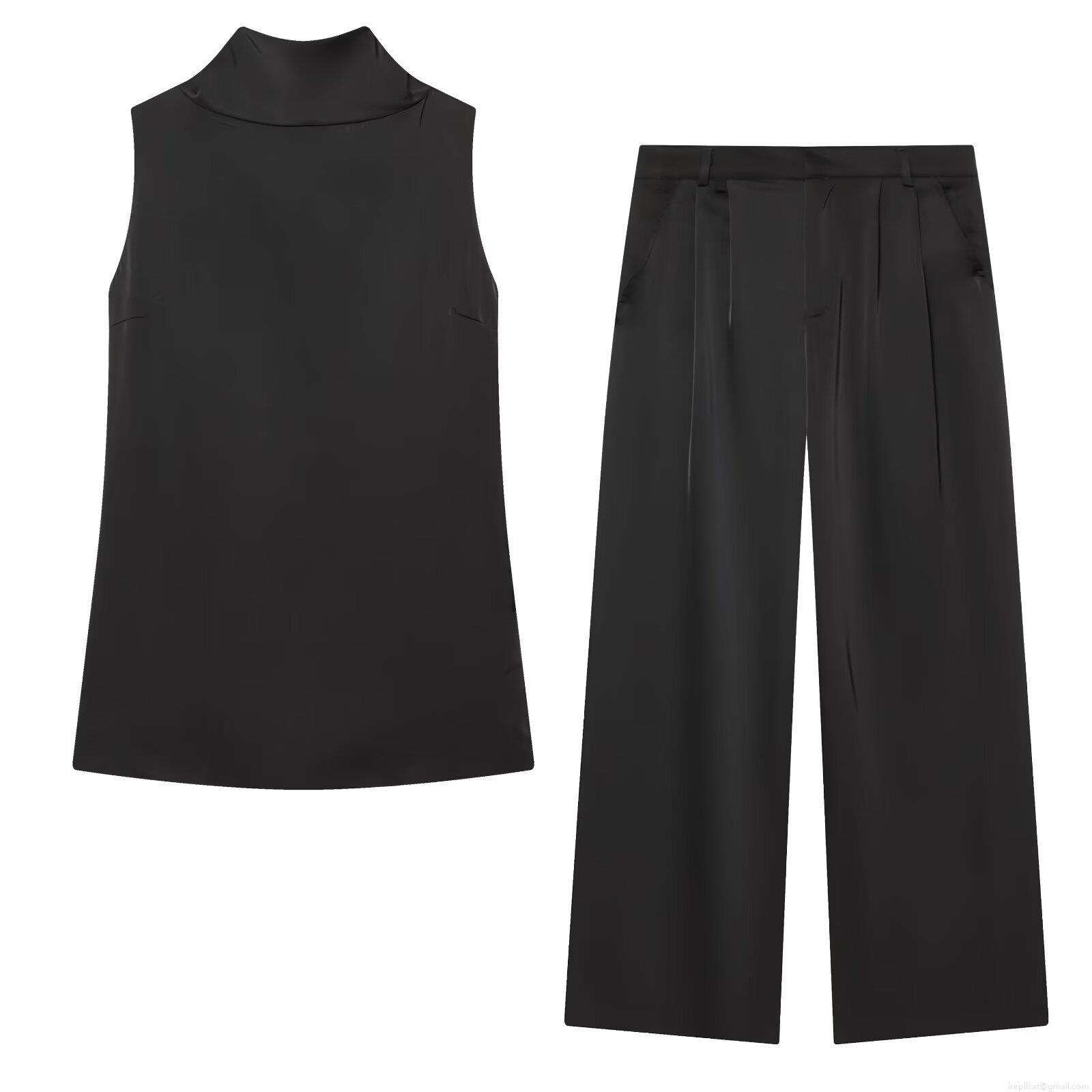 Women Elegant Acetate Satin Two Piece Set Sleeveless Back Tie High Neck Top and Wide Leg Trousers Casual Loungewear Co-ords Sets Women Elegant Acetate Satin Two Piece Set Sleeveless Back Tie High Neck Top and Wide Leg Trousers Casual Loungewear Co-ords Sets