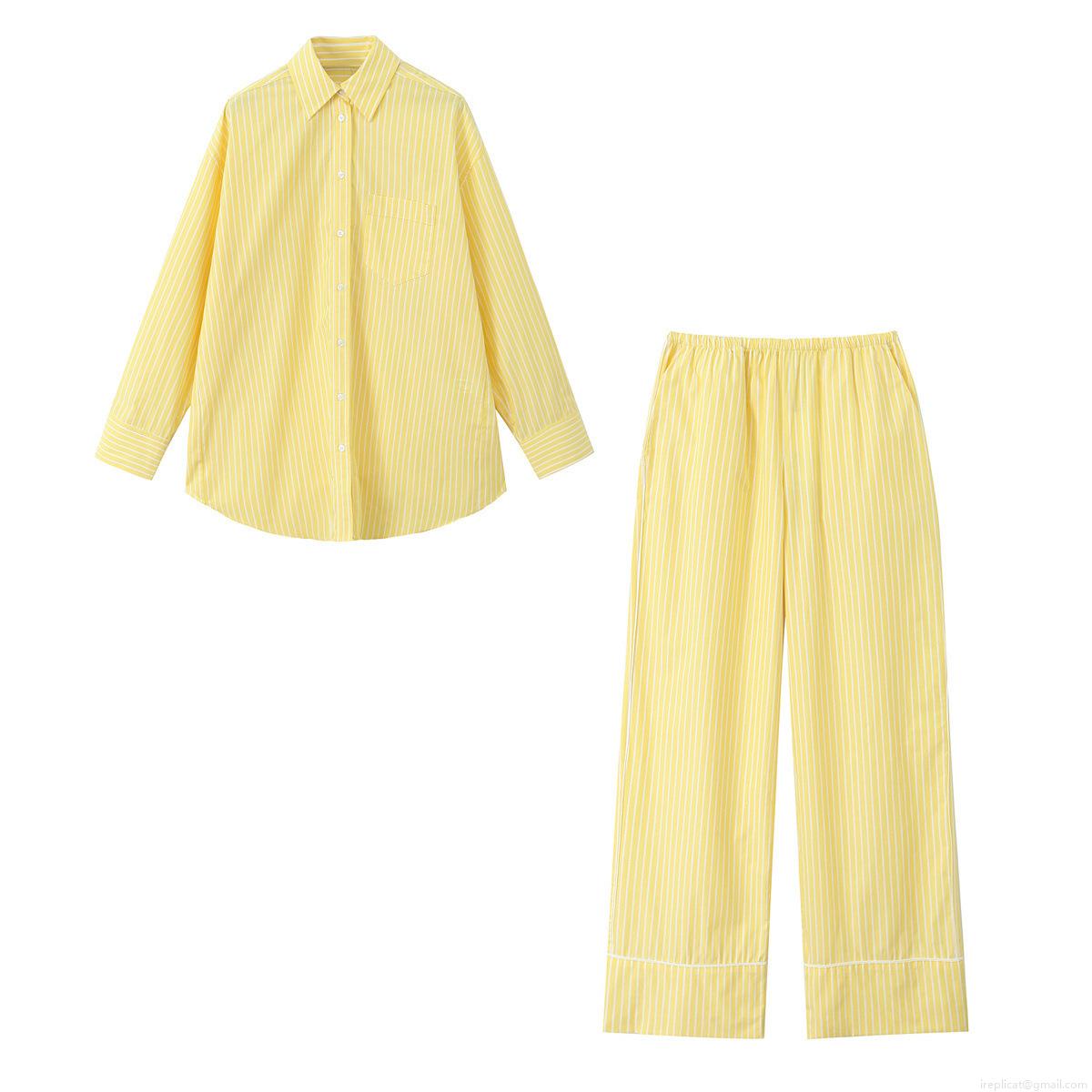 Women's Casual Yellow White Striped Shirt And Long Pants Set Summer Loose Pajama Style Long Sleeve Top Wide Leg Pants Loungewear Two Piece Set Women's Casual Yellow White Striped Shirt And Long Pants Set Summer Loose Pajama Style Long Sleeve Top Wide Leg Pants Loungewear Two Piece Set