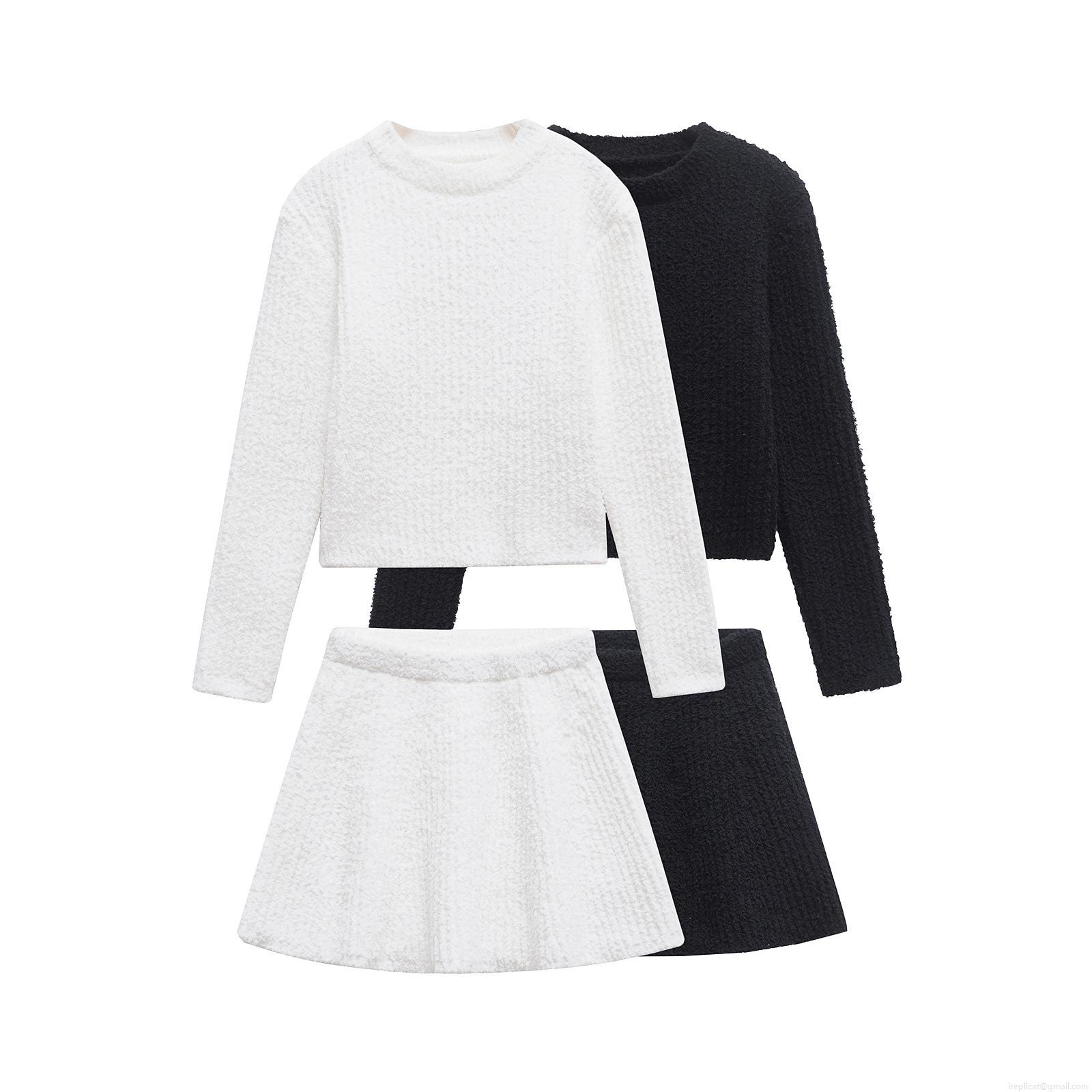 Women Winter Plush Knitted Sweater And Skirt Set Solid Color Round Neck Long Sleeve Pullover With A-Line Mini Skirt Soft Warm Two Piece Casual Outfit Women Winter Plush Knitted Sweater And Skirt Set Solid Color Round Neck Long Sleeve Pullover With A-Line Mini Skirt Soft Warm Two Piece Casual Outfit