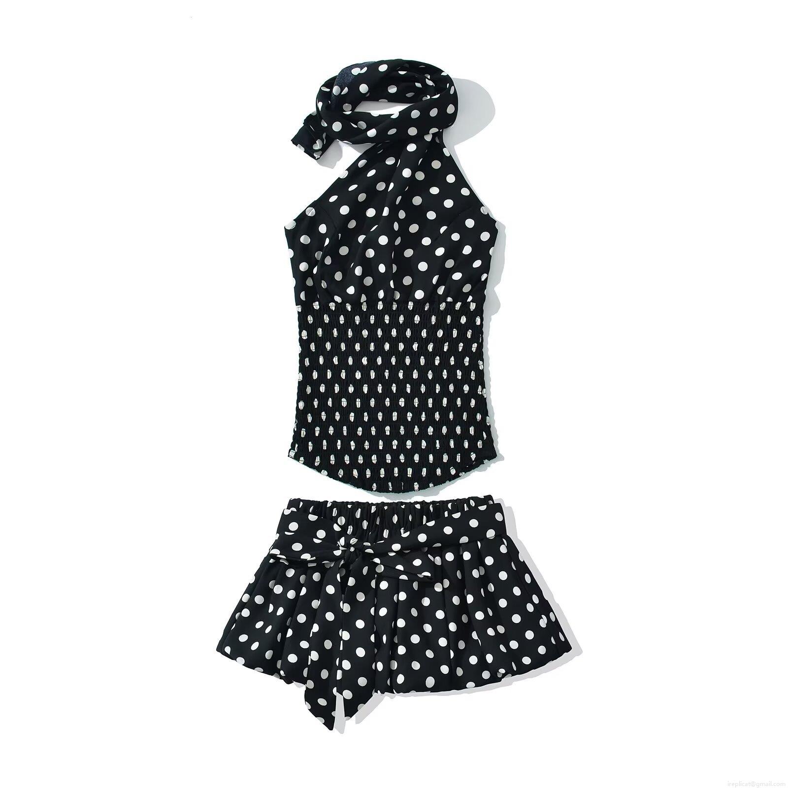 Polka Dot Halter Neck Top And Skirt Set 100% Polyester Ruched Smocking Two Piece Outfit For Women Summer Beach Party Sexy Sweet Style Sleeveless Clothing Polka Dot Halter Neck Top And Skirt Set 100% Polyester Ruched Smocking Two Piece Outfit For Women Summer Beach Party Sexy Sweet Style Sleeveless Clothing