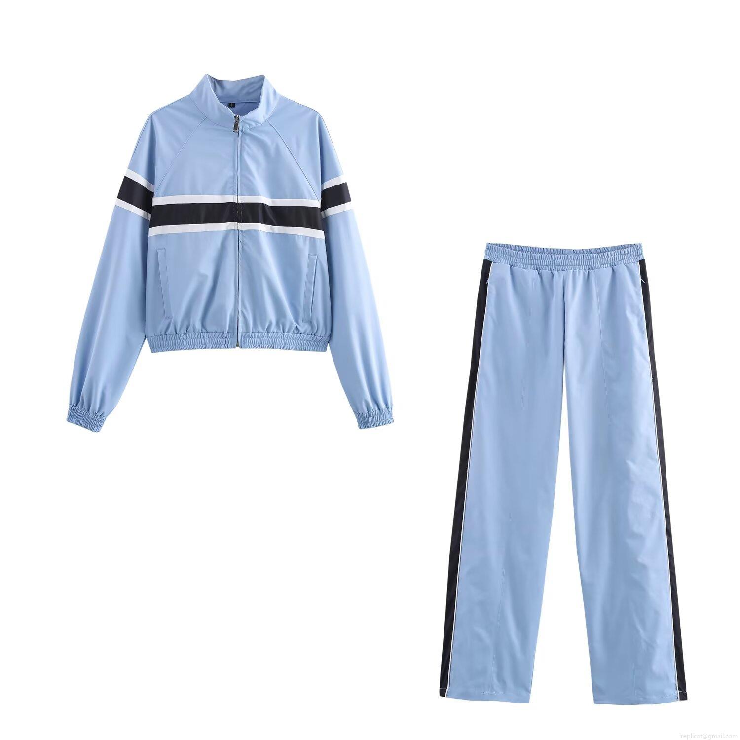 Women's Casual Sporty Tracksuit Set Contrast Striped Stand Collar Zip-up Jacket And Straight Leg Long Pants 85% Cotton Soft Breathable Streetwear For Ladies