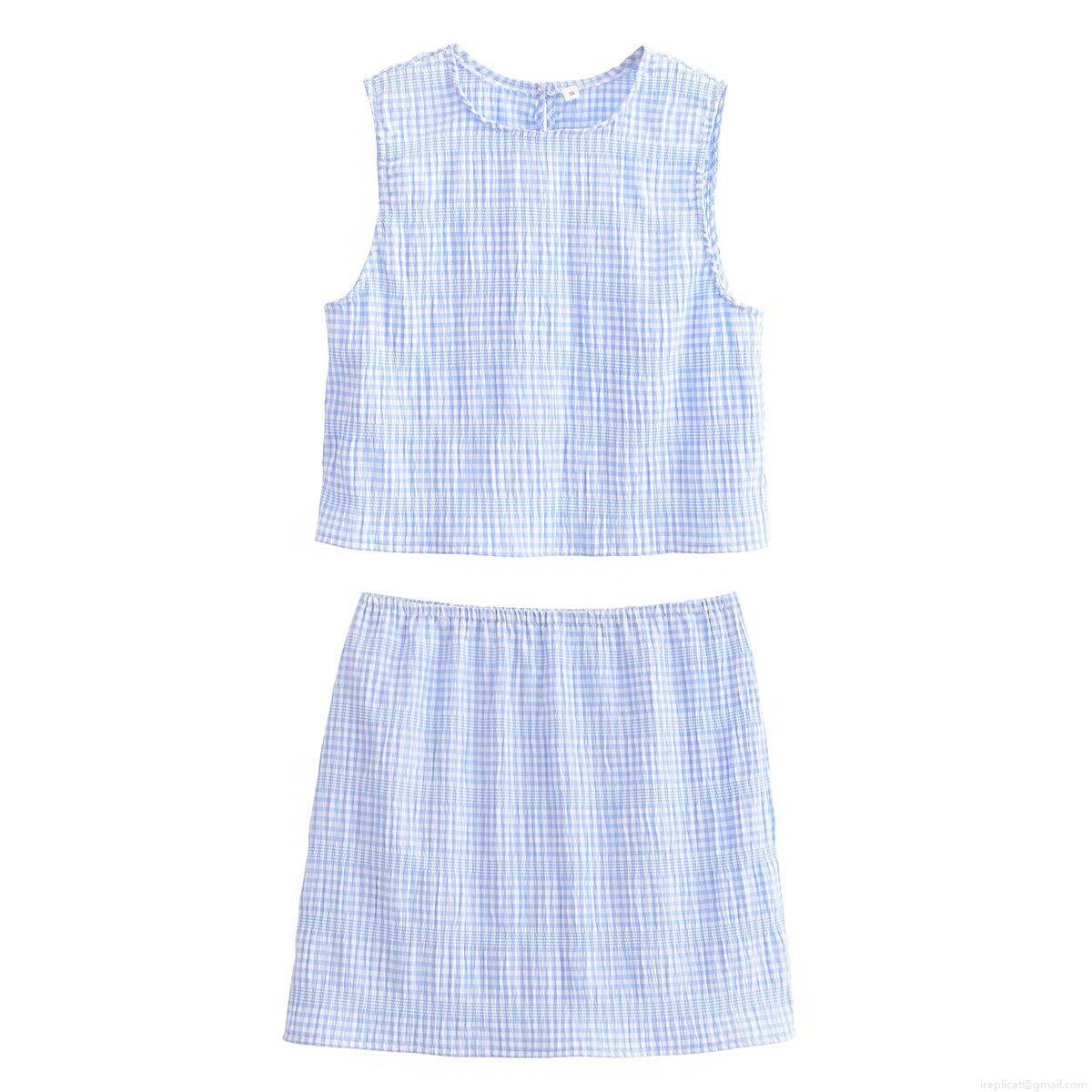 Women Sweet Sky Blue Gingham Seersucker 2 Piece Skirt Set Sleeveless Tank Top And High Waist Pleated Short Skirt For Summer Casual Travel Refreshing Style