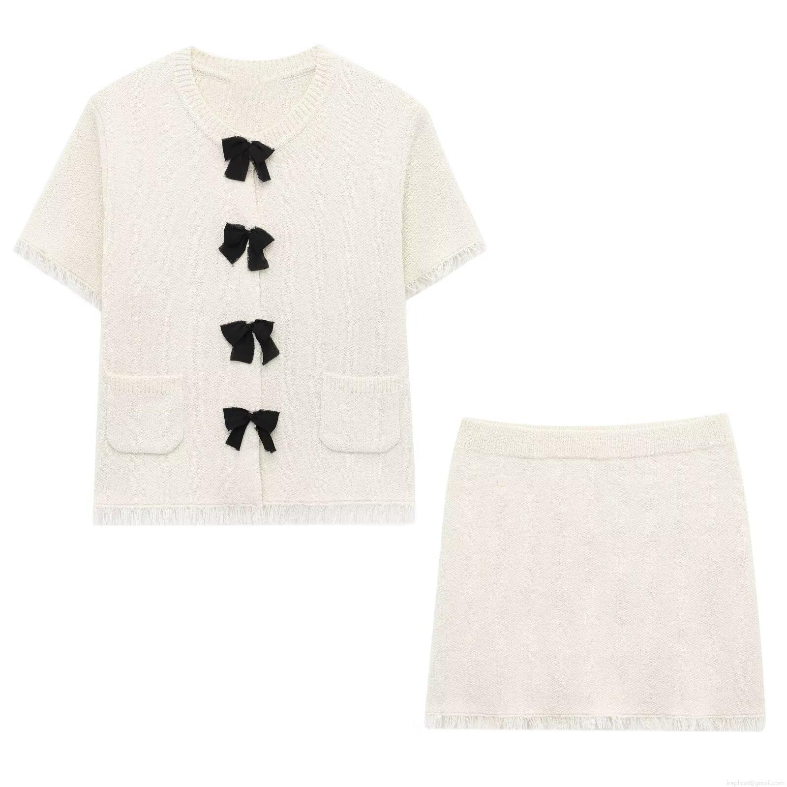 Women Elegant Knit Two Piece Skirt Set Short Sleeve Bow Cardigan And Mini Tassel Skirt Cream White Chanel Style For Party Commute Women Outfits Women Elegant Knit Two Piece Skirt Set Short Sleeve Bow Cardigan And Mini Tassel Skirt Cream White Chanel Style For Party Commute Women Outfits