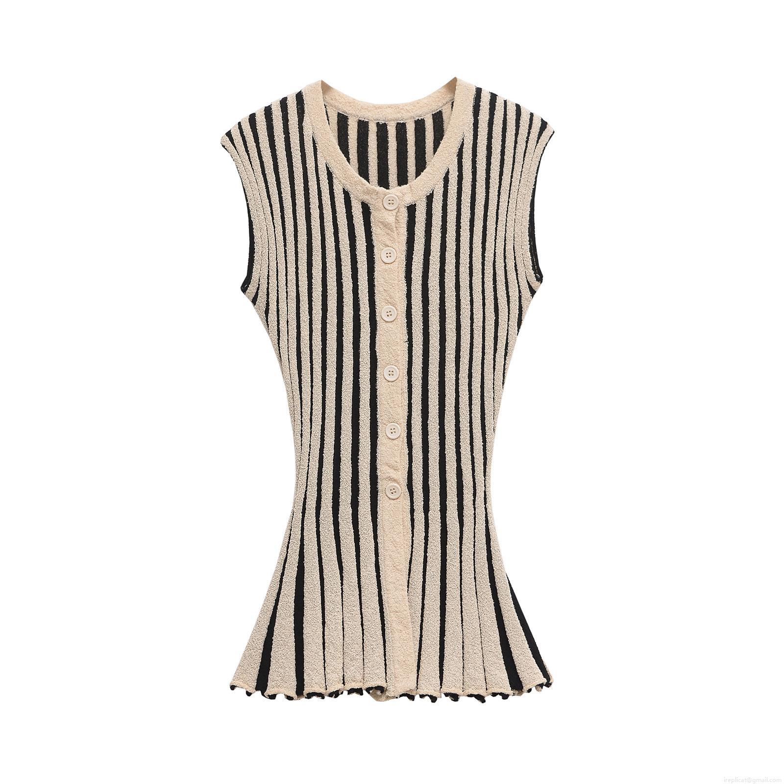 Women Striped Knit Two Piece Set Sleeveless Button Front Vest Top and High Waist Wide Leg Pants Casual Loungewear Outfit For Spring Summer Women Striped Knit Two Piece Set Sleeveless Button Front Vest Top and High Waist Wide Leg Pants Casual Loungewear Outfit For Spring Summer