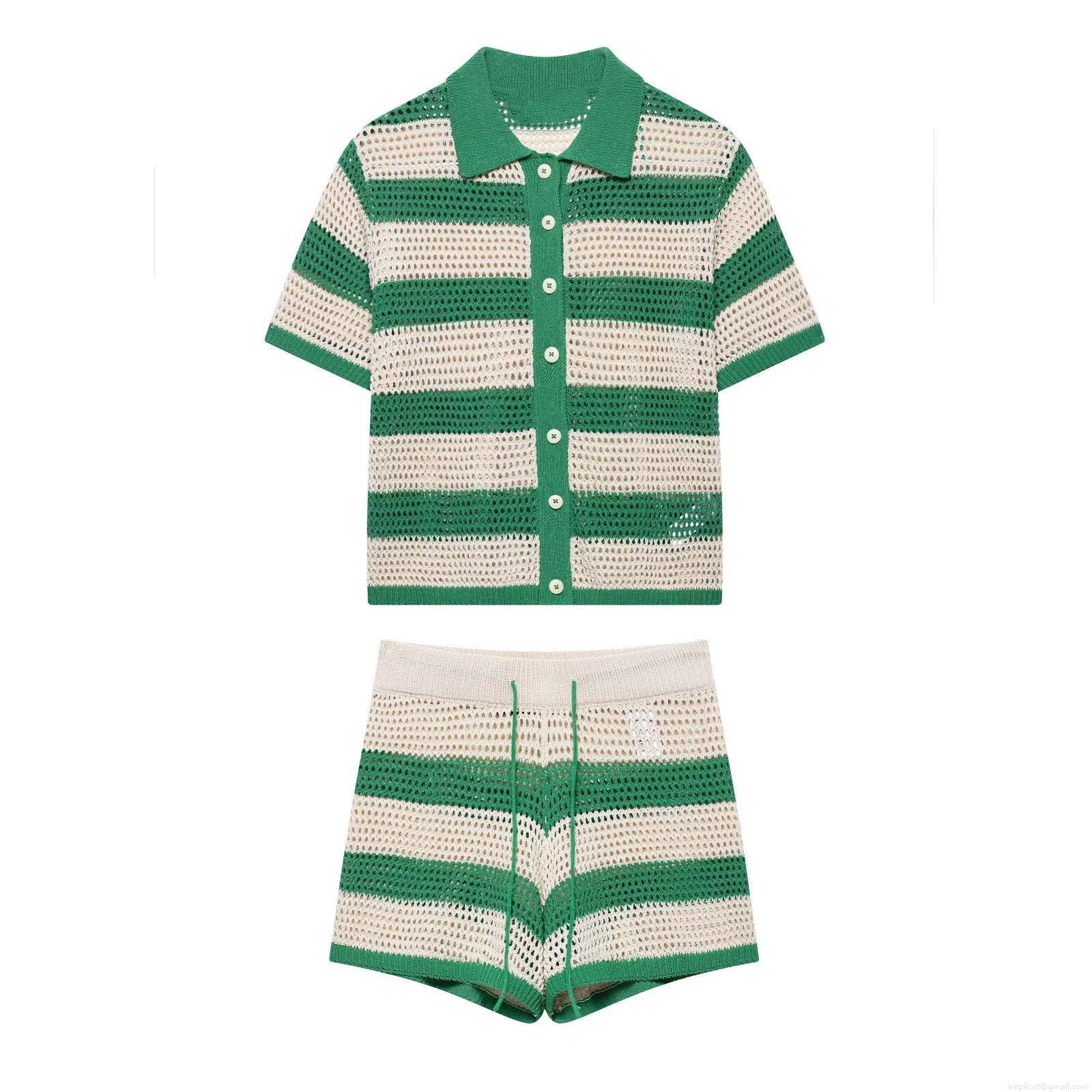 Women's Summer Casual Knitted Striped Polo Shirt And Shorts Two Piece Set Hollow Out Crochet Short Sleeve Top Breathable Vacation Outfit