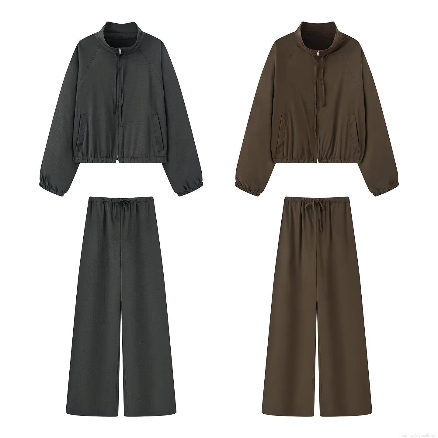 Women's Casual Two Piece Lounge Set Solid Color Stand Collar Zipper Jacket and Wide Leg Pants Drawstring Waist Sporty Tracksuit Outfits for Daily Wear Women's Casual Two Piece Lounge Set Solid Color Stand Collar Zipper Jacket and Wide Leg Pants Drawstring Waist Sporty Tracksuit Outfits for Daily Wear