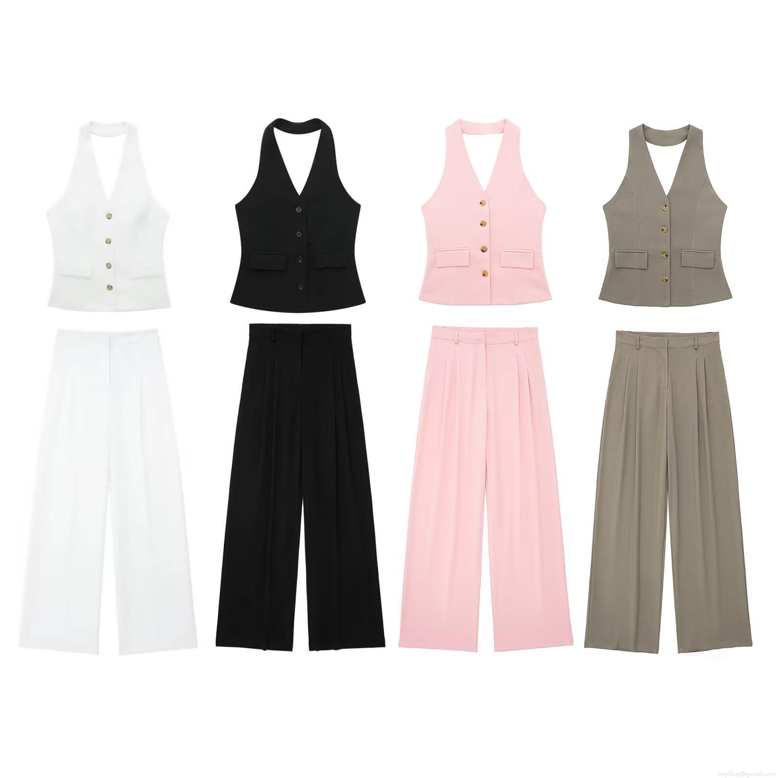 Myst-Za Women Summer Fashion Backless Halter Vest Top And High Waisted Wide Leg Pants Two Piece Set Polyester Spandex Solid Color Commuter Elegant Sleeveless Outfit For Women Myst-Za Women Summer Fashion Backless Halter Vest Top And High Waisted Wide Leg Pants Two Piece Set Polyester Spandex Solid Color Commuter Elegant Sleeveless Outfit For Women
