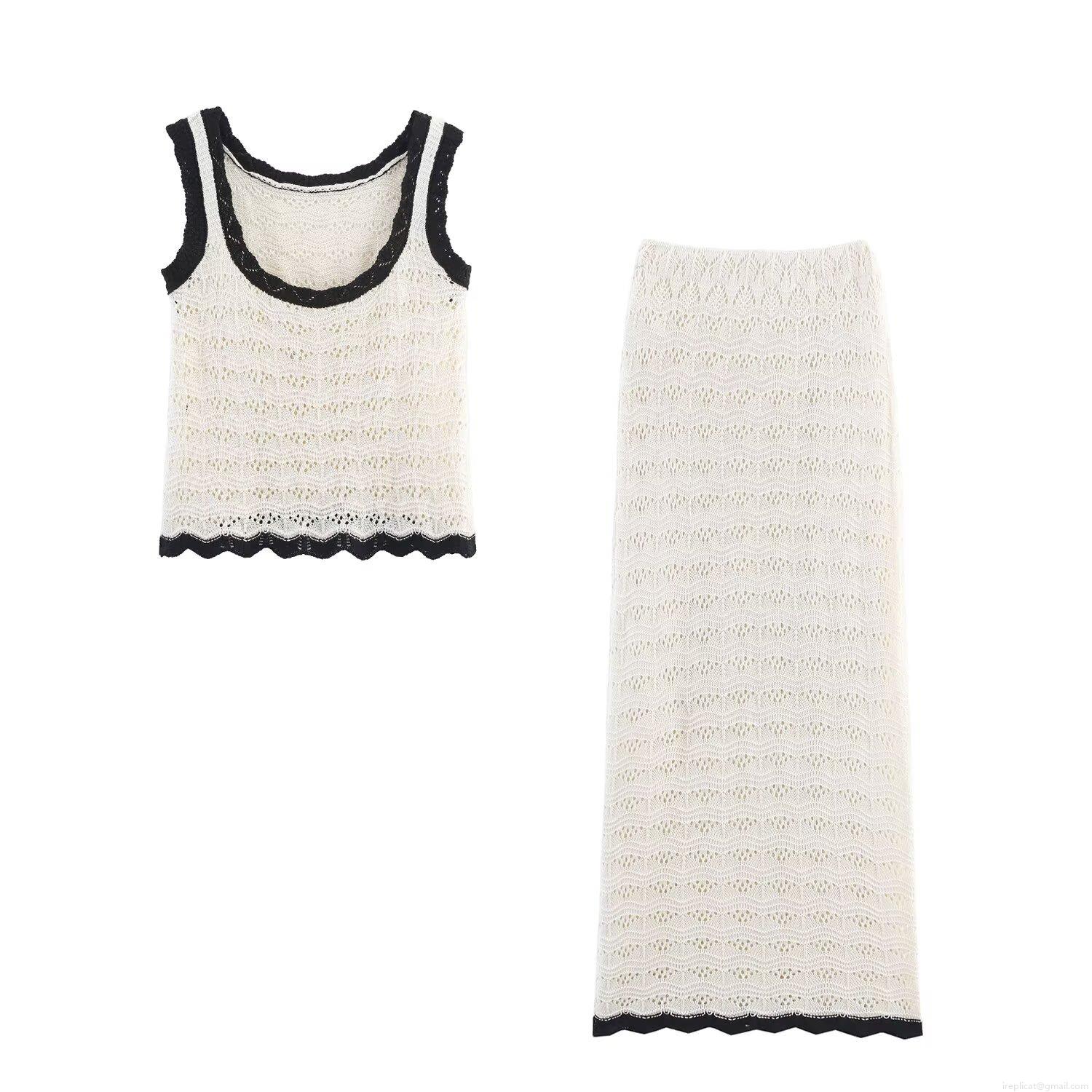 Women Sweet Style 2-Piece Knitted Set Hollow Out Sleeveless Tank Top and Midi Skirt Summer Fashion Wave Trim Polyester Two Piece Outfit for Women Women Sweet Style 2-Piece Knitted Set Hollow Out Sleeveless Tank Top and Midi Skirt Summer Fashion Wave Trim Polyester Two Piece Outfit for Women