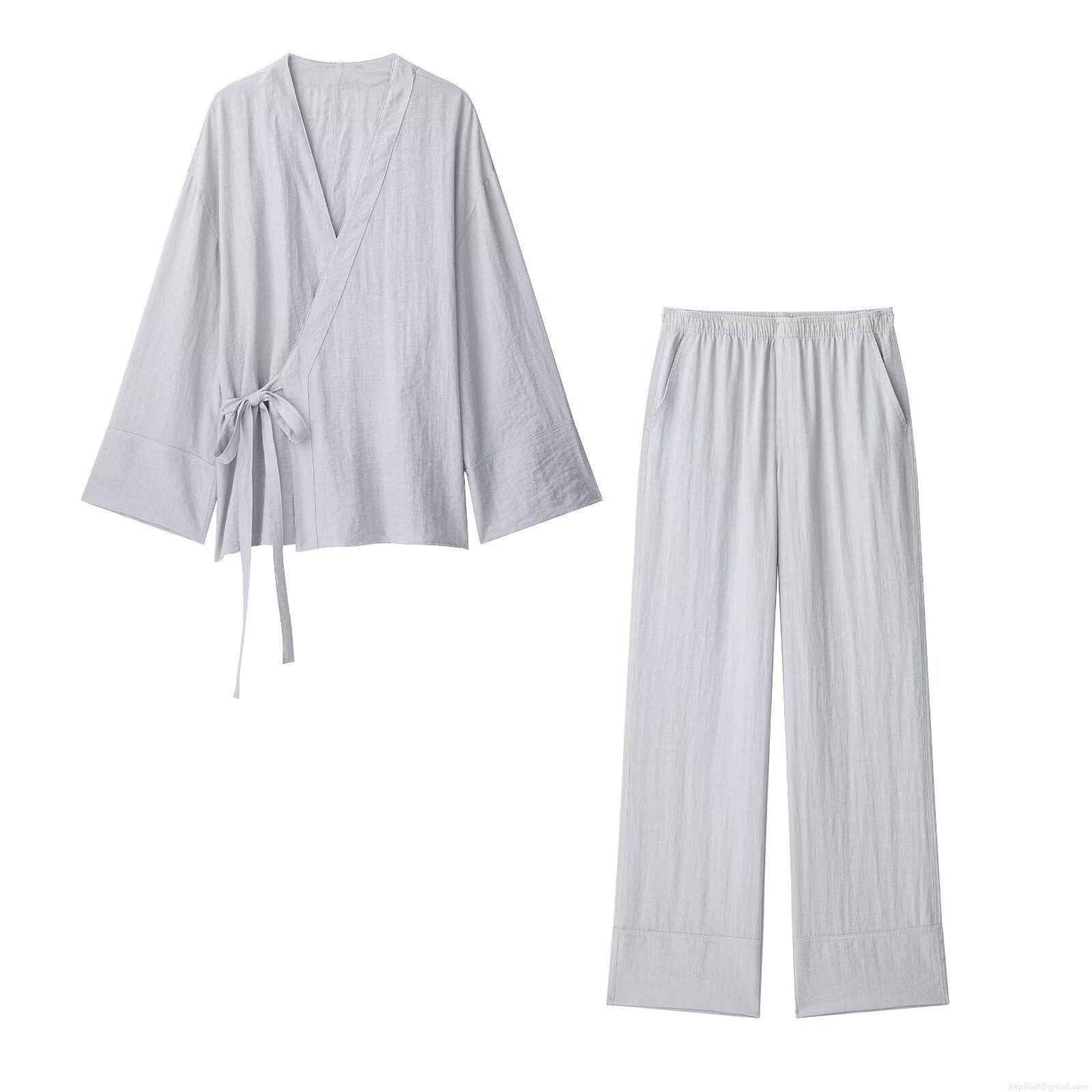 Women's Casual Kimono Style Loungewear Set 100% Polyester Cotton Linen Texture Tie Side Top and Elastic Waist Wide Leg Pants Two Piece Suit for Women Women's Casual Kimono Style Loungewear Set 100% Polyester Cotton Linen Texture Tie Side Top and Elastic Waist Wide Leg Pants Two Piece Suit for Women