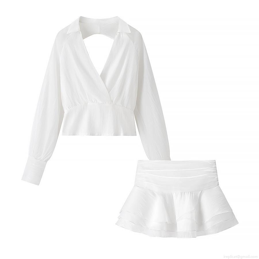 Women Sexy Backless V-Neck Long Sleeve Top And Tiered Ruffle Mini Skirt Two Piece Set Solid Color Crinkled Chiffon Vacation Outfit Women Sexy Backless V-Neck Long Sleeve Top And Tiered Ruffle Mini Skirt Two Piece Set Solid Color Crinkled Chiffon Vacation Outfit