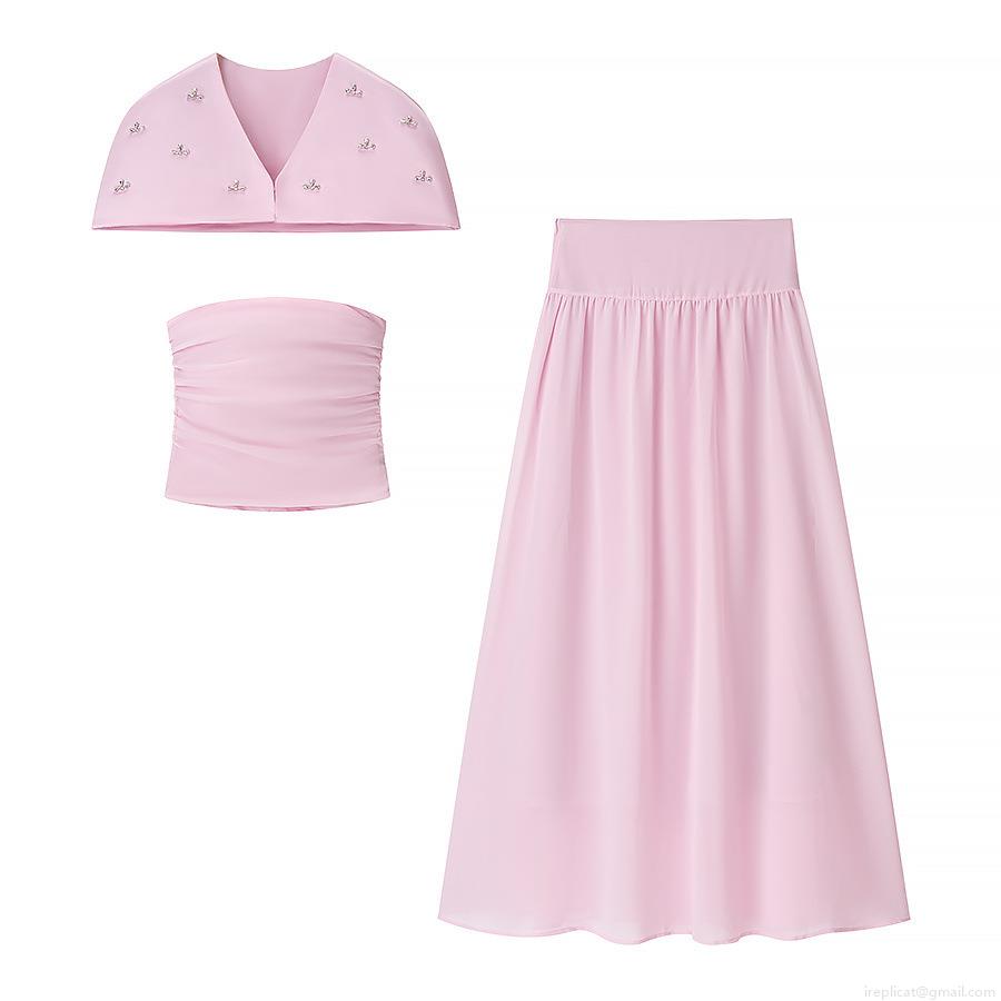 Women's Elegant 3-Piece Pink Clothing Set Satin Shawl With Rhinestone Bow Pleated Tube Top And High Waist Midi Skirt For Party Daily Wear Women's Elegant 3-Piece Pink Clothing Set Satin Shawl With Rhinestone Bow Pleated Tube Top And High Waist Midi Skirt For Party Daily Wear