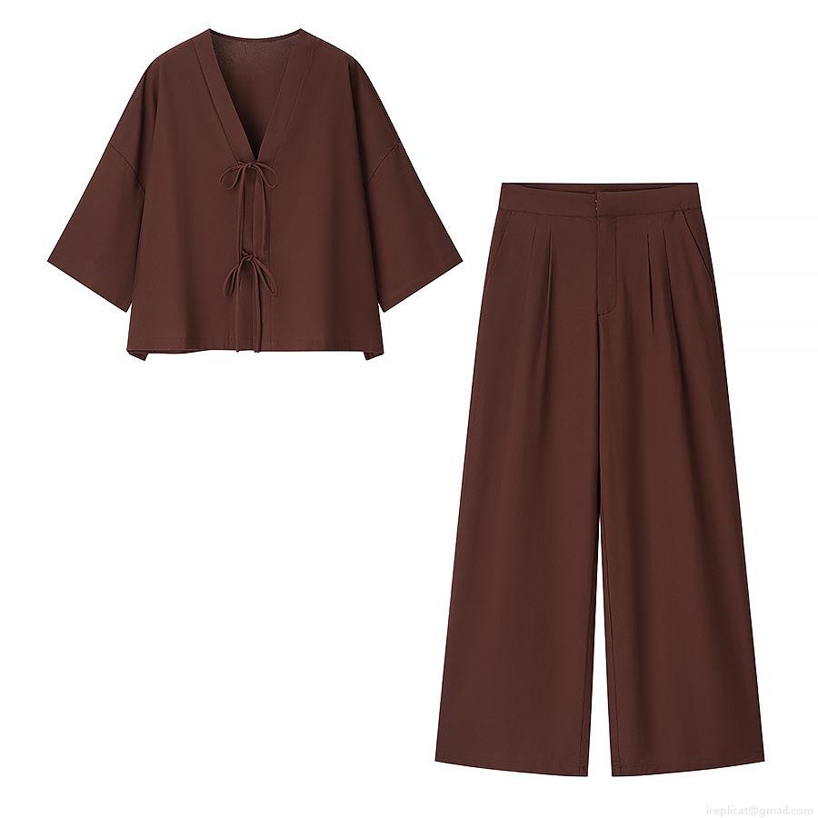 Women's Casual Two Piece Pants Set Polyester Cotton Blend Linen Texture V Neck Tie Up Top Wide Leg Long Trousers Loose Lounge Suit For Daily Streetwear Summer Autumn