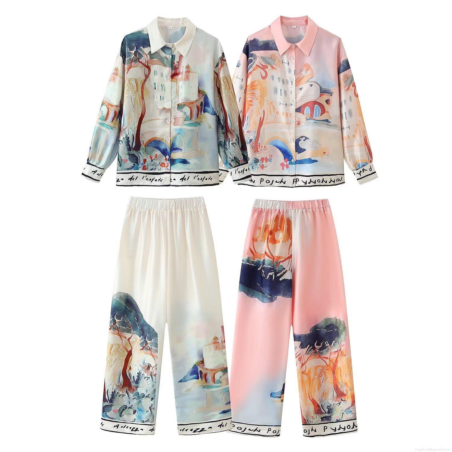 Women Artistic Landscape Print Satin Shirt And Wide Leg Pants Set Elegant Long Sleeve Lapel Blouse High Waist Trousers Two Piece Outfits For Vacation Casual Wear Women Artistic Landscape Print Satin Shirt And Wide Leg Pants Set Elegant Long Sleeve Lapel Blouse High Waist Trousers Two Piece Outfits For Vacation Casual Wear