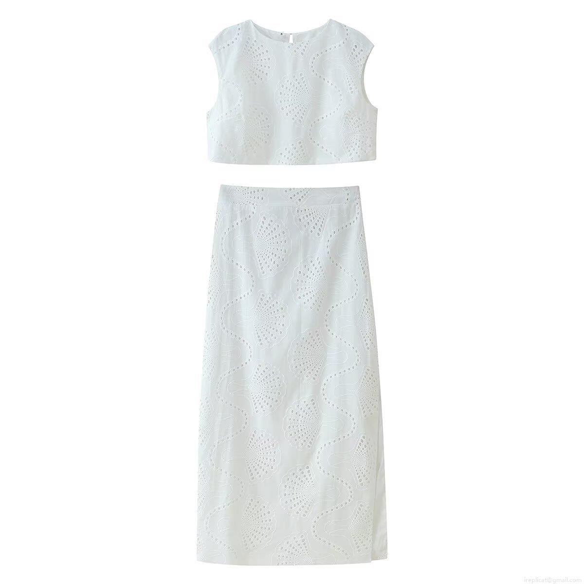 Women's Two Piece Skirt Set Hollow Out Embroidery Sleeveless Crop Top and High Waist Midi Skirt White Cotton Polyester Blend Summer Casual Outfits for Women