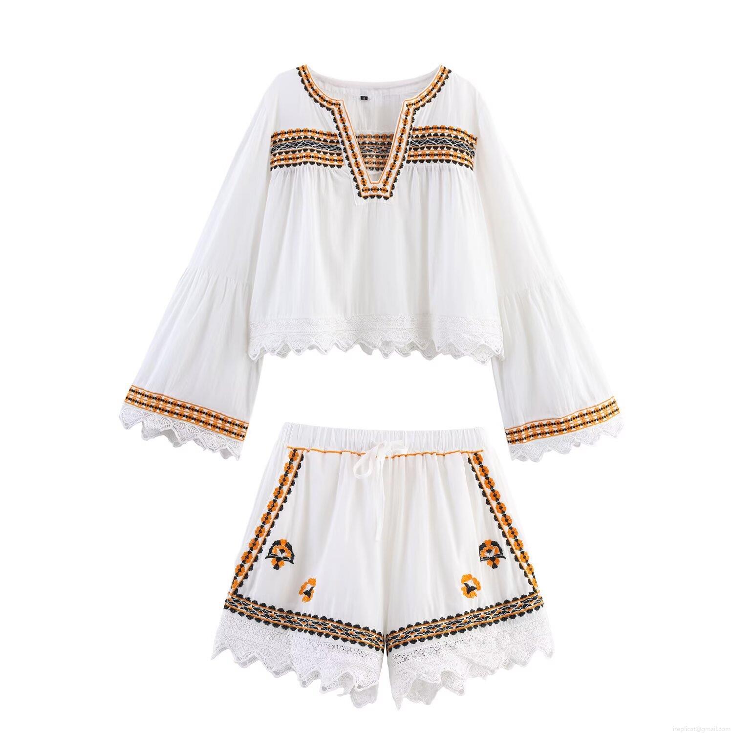 Women's Bohemian Embroidered Long Sleeve Shirt And Lace Trim Shorts Set White Cotton Blend Ethnic V Neck Blouse Casual Vacation Two Piece Suit Women's Bohemian Embroidered Long Sleeve Shirt And Lace Trim Shorts Set White Cotton Blend Ethnic V Neck Blouse Casual Vacation Two Piece Suit