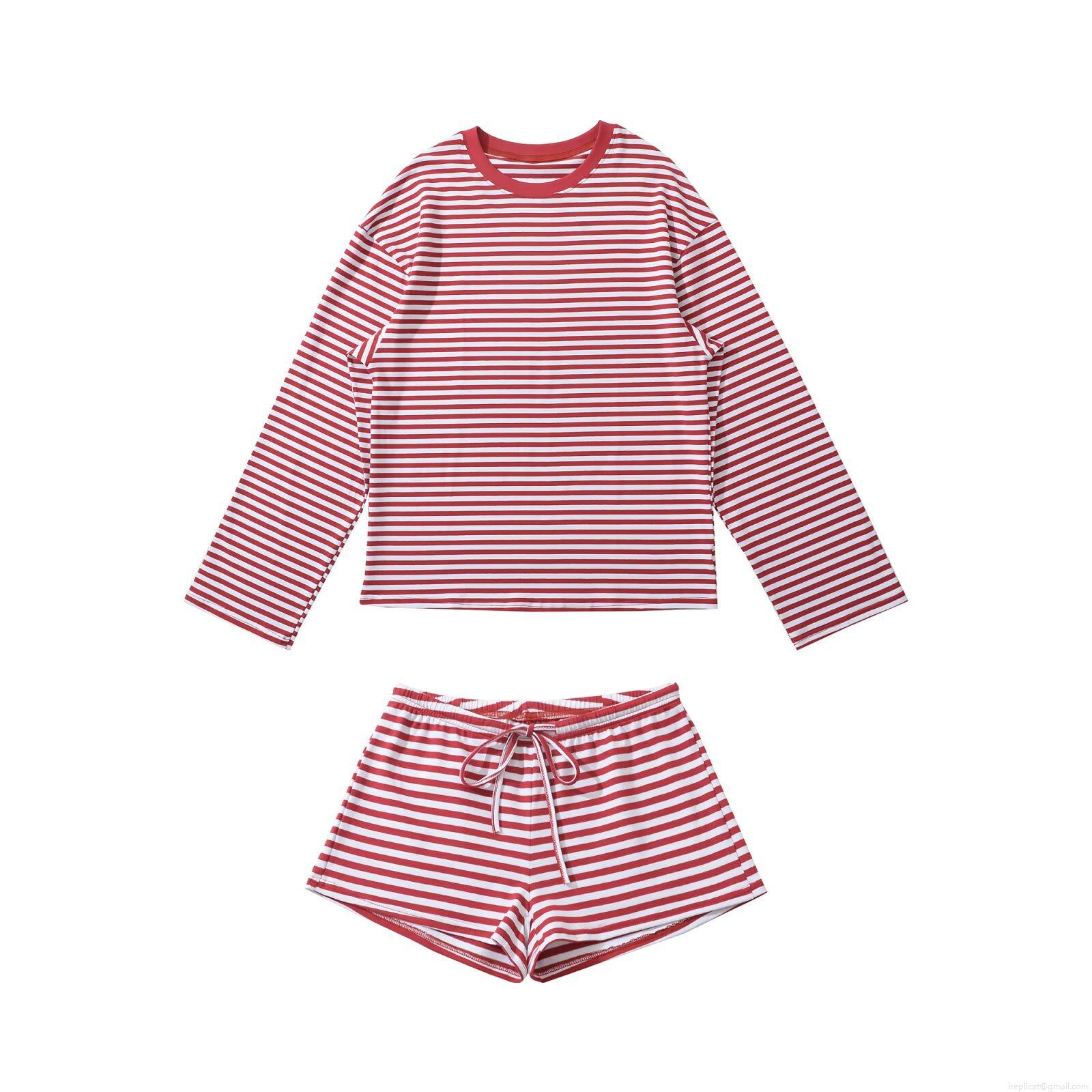 Women's Casual Striped Long Sleeve T-Shirt And Drawstring Shorts Two Piece Set Cotton Blend Comfortable Loungewear Home Wear Women's Casual Striped Long Sleeve T-Shirt And Drawstring Shorts Two Piece Set Cotton Blend Comfortable Loungewear Home Wear