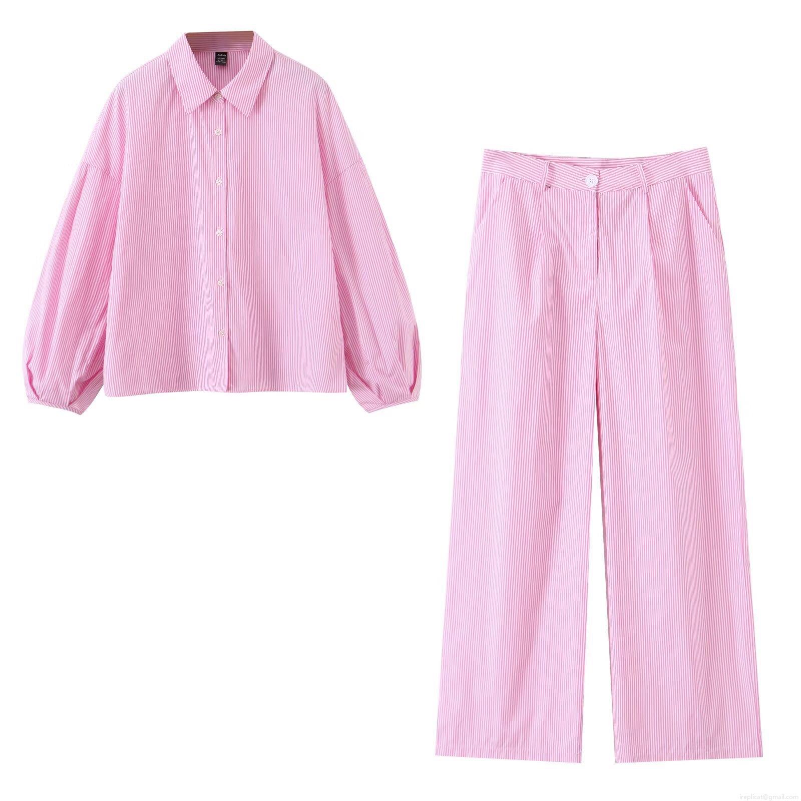 Women's Fashion Striped Shirt And Wide Leg Pants Set Casual Long Sleeve Lapel Blouse With Straight Trousers 2 Piece Outfits Pink White Streetwear For Lady