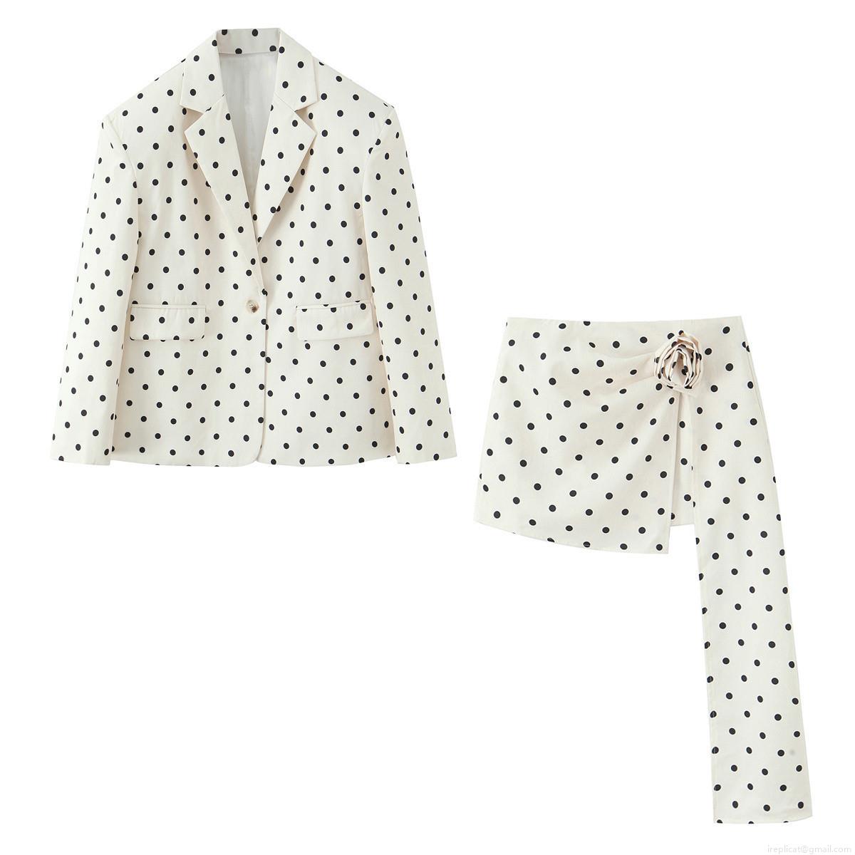 Women Fashion Polka Dot Blazer And Irregular Skirt Set Polyester Spandex Broad Shoulder Two Piece Suit With 3D Flower And Streamer For Office Lady Elegant Casual Autumn Outfits Women Fashion Polka Dot Blazer And Irregular Skirt Set Polyester Spandex Broad Shoulder Two Piece Suit With 3D Flower And Streamer For Office Lady Elegant Casual Autumn Outfits