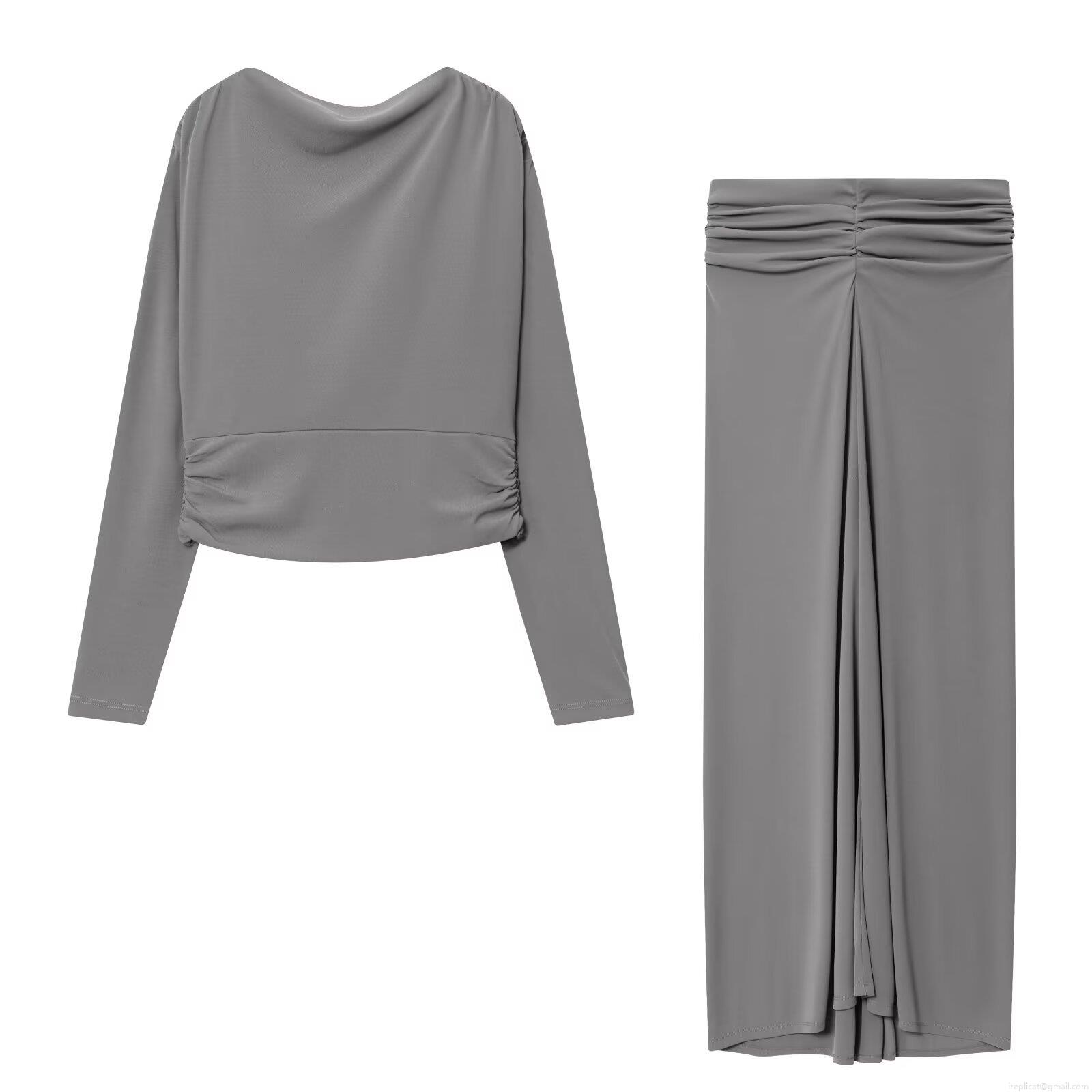 Women's Elegant Ruched Long Sleeve Top and High Waist Midi Skirt Two Piece Set Solid Color Autumn Fashion Socialite Outfit with Jewelry