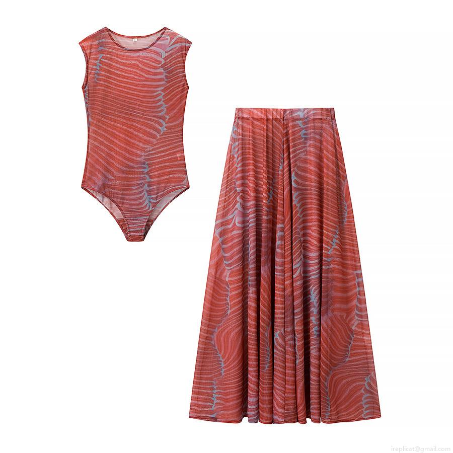 Women's 2 Piece Skirt Set Abstract Wavy Print Sleeveless Mesh Bodysuit and Pleated Midi Skirt Set Terra Cotta Casual Chic Fall Outfits for Women Women's 2 Piece Skirt Set Abstract Wavy Print Sleeveless Mesh Bodysuit and Pleated Midi Skirt Set Terra Cotta Casual Chic Fall Outfits for Women
