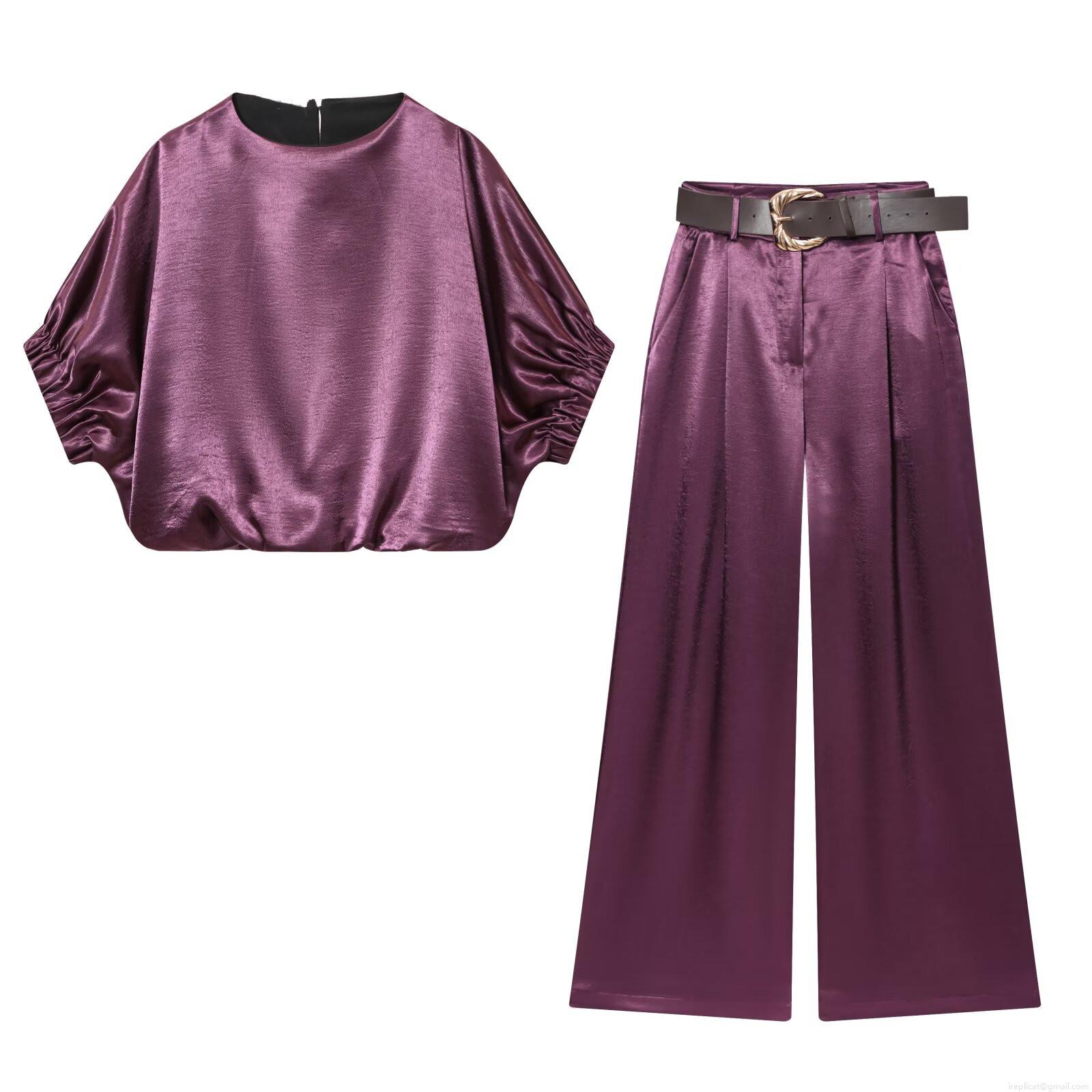 Women Elegant Satin Two Piece Set Batwing Long Sleeve Top and High Waist Wide Leg Pants With Belt Solid Purple Silk Texture Casual Loungewear Set Women Elegant Satin Two Piece Set Batwing Long Sleeve Top and High Waist Wide Leg Pants With Belt Solid Purple Silk Texture Casual Loungewear Set