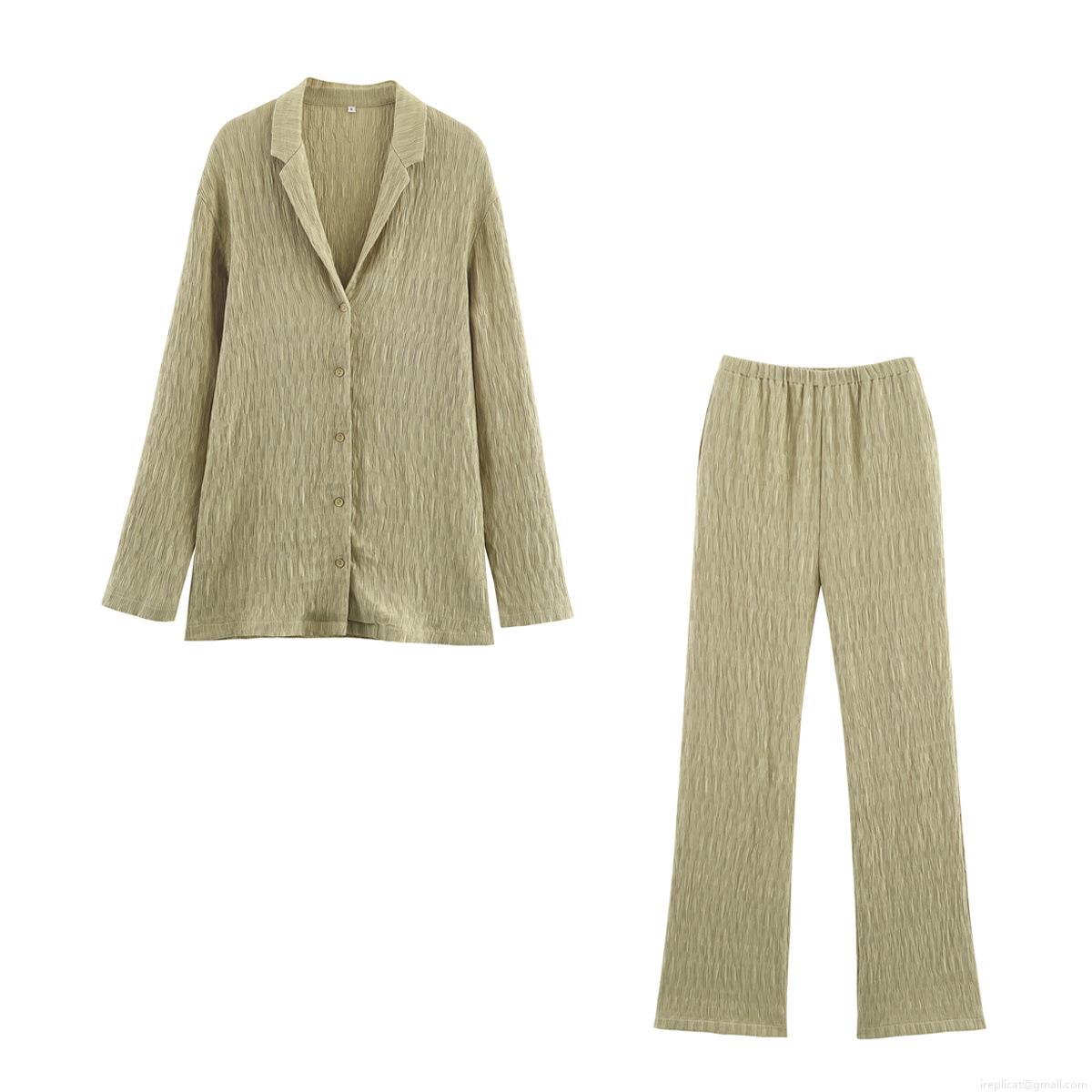 Women's Casual 2-Piece Set Pleated Textured 100% Polyester Long Sleeve Button Down Shirt And Straight Wide Pants Lounge Wear Autumn Fashion