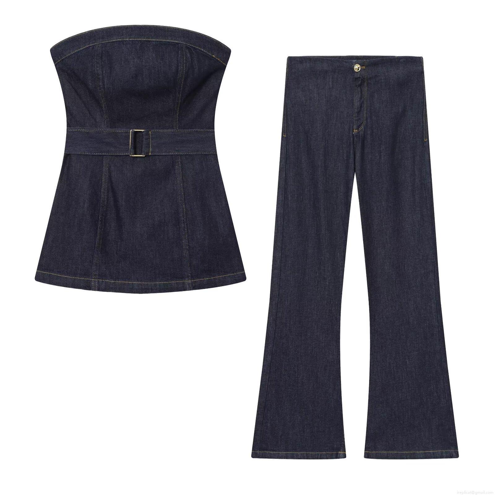 Women's Sexy Deep Blue Denim Two Piece Set Strapless Bandeau Tube Top With Belt And High Waisted Wide Leg Flare Jeans Outfits For Club Party Streetwear