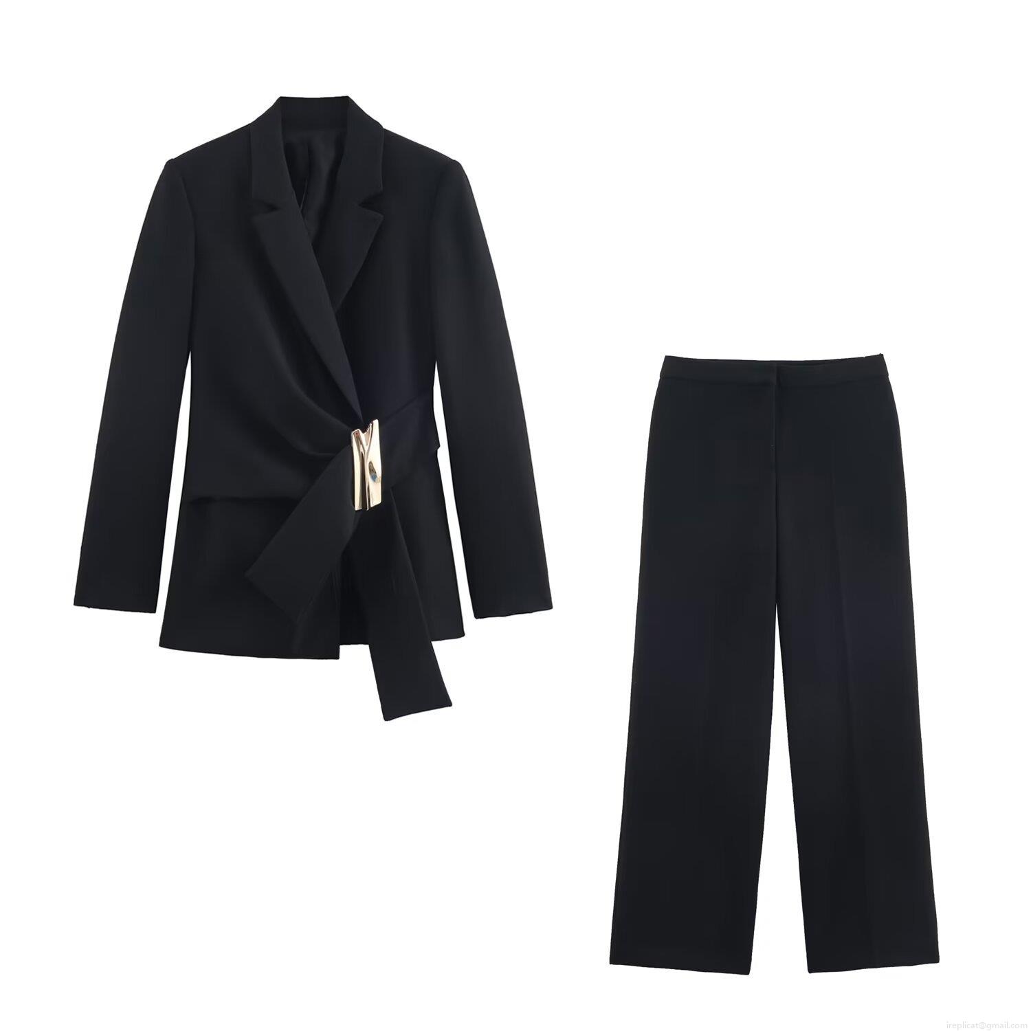 Women Fashion Asymmetric Buckle Blazer Jacket And High Waist Wide Leg Trousers Set Polyester Spandex Business Casual Office Lady Professional Suit Women Fashion Asymmetric Buckle Blazer Jacket And High Waist Wide Leg Trousers Set Polyester Spandex Business Casual Office Lady Professional Suit