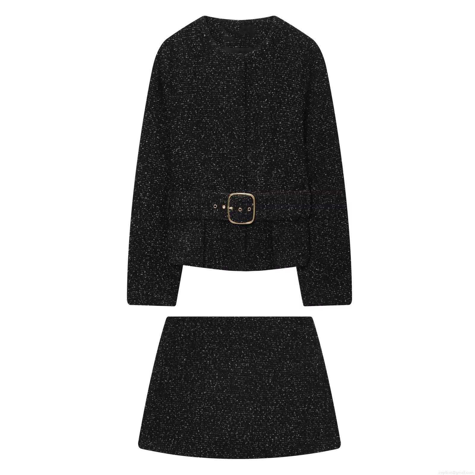 Women Elegant Tweed Two-Piece Blazer Skirt Set Round Neck Long Sleeve Short Jacket With Belt And A-Line Mini Skirt Suits For Office Commute Party Autumn Winter Black White Women Elegant Tweed Two-Piece Blazer Skirt Set Round Neck Long Sleeve Short Jacket With Belt And A-Line Mini Skirt Suits For Office Commute Party Autumn Winter Black White