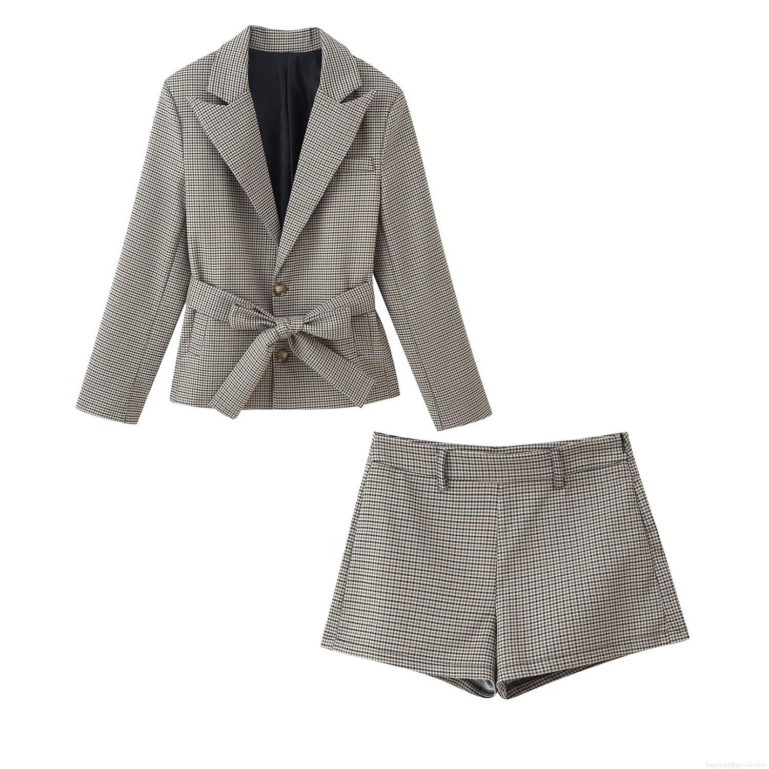 Women's Elegant Houndstooth Blazer and Shorts Two-Piece Set With Waist Belt Vintage Office Plaid Suit Long Sleeve Jacket High Waist Shorts Set Women's Elegant Houndstooth Blazer and Shorts Two-Piece Set With Waist Belt Vintage Office Plaid Suit Long Sleeve Jacket High Waist Shorts Set
