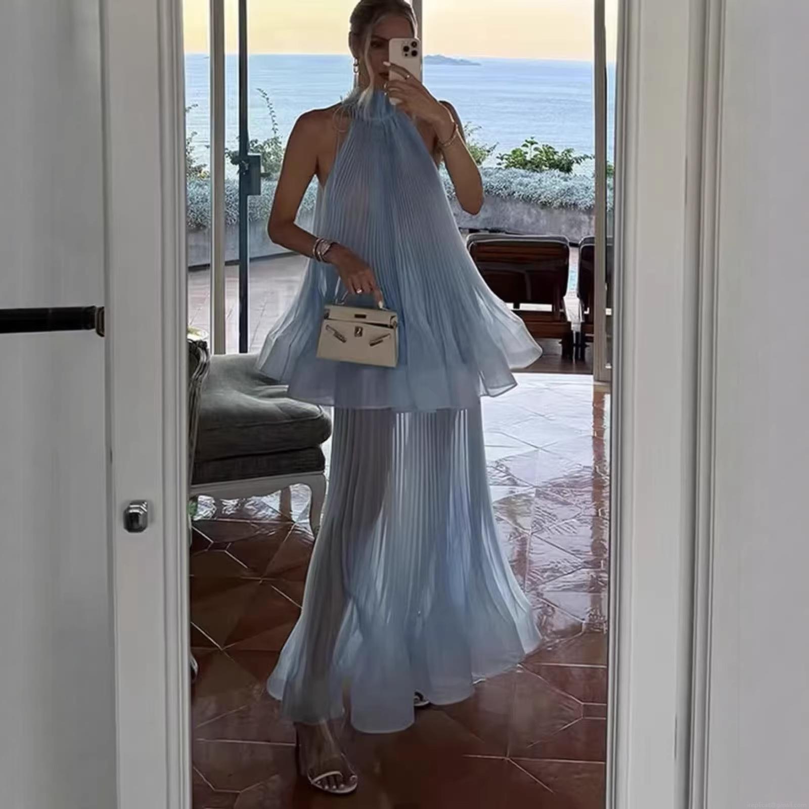 Women's Two-Piece Skirt Set Pleated Chiffon Halter Neck Backless Sleeveless Top And Long Skirt For Summer Beach Holiday Party Resort Elegant Sexy Fashion