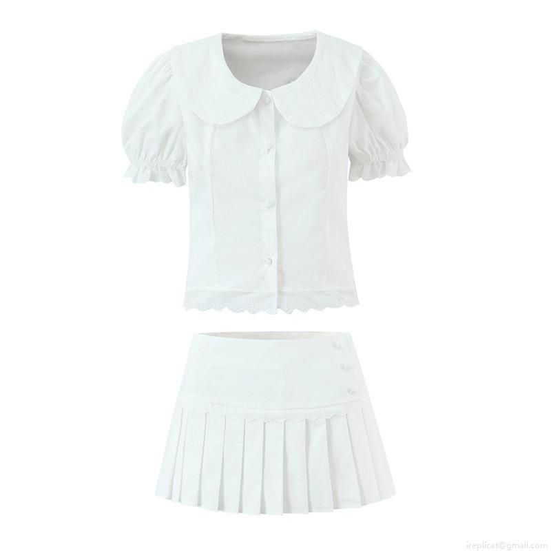 Women Sweet Two Piece Skirt Set 100 Percent Cotton Peter Pan Collar Puff Sleeve Shirt And Mini Pleated Skirt Lace Patchwork White Summer Outfit For Ladies Women Sweet Two Piece Skirt Set 100 Percent Cotton Peter Pan Collar Puff Sleeve Shirt And Mini Pleated Skirt Lace Patchwork White Summer Outfit For Ladies