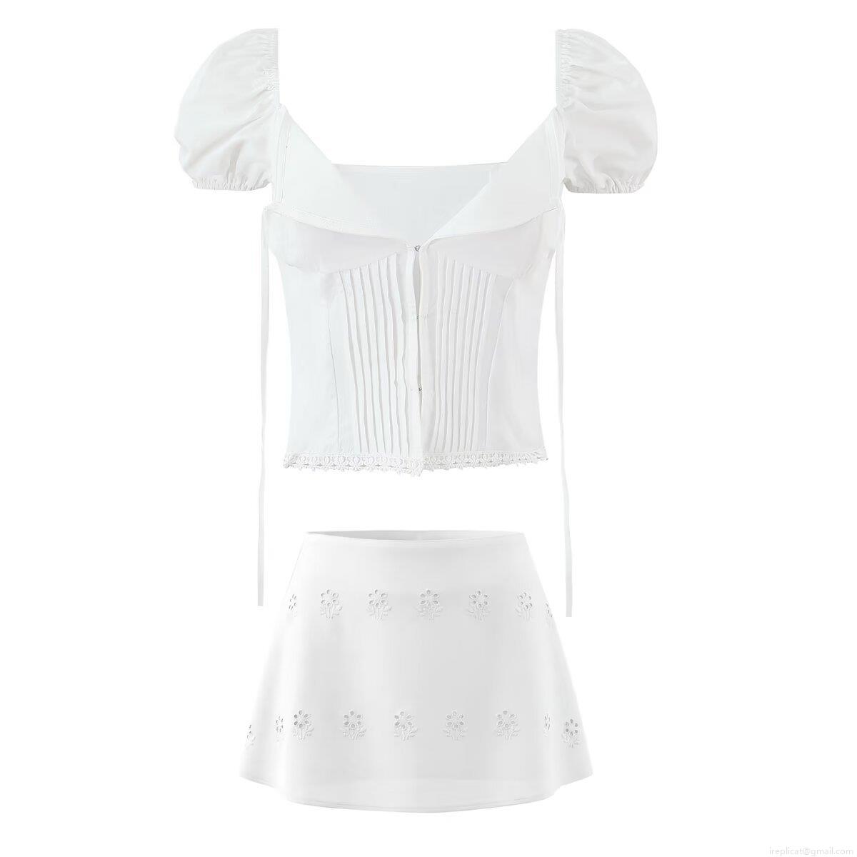 Women's 3-Piece Skirt Set White 100% Cotton Eyelet Embroidery Camisole Top Puff Sleeve Cardigan Mini Skirt Sexy Streetwear Summer Outfits