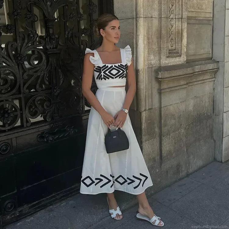 Women's Elegant Two-Piece Skirt Set Geometric Embroidery Polyester Ruffle Strap Crop Top and High Waist A-line Maxi Skirt Summer Vacation Outfits