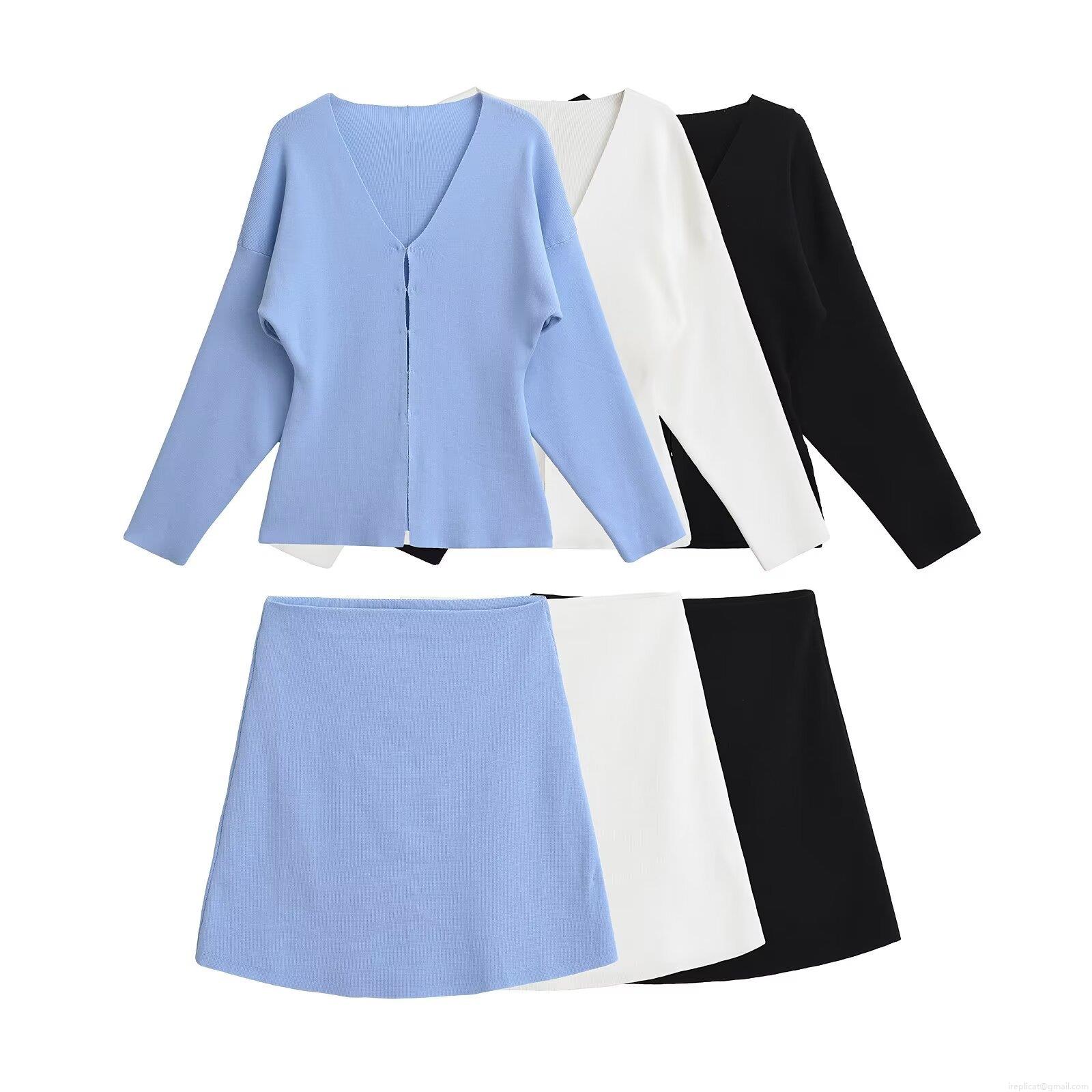 Women's Mercerized Cotton Knit Two Piece Set V Neck Long Sleeve Cardigan And Mini A-Line Skirt Solid Color Casual Vacation Outfits