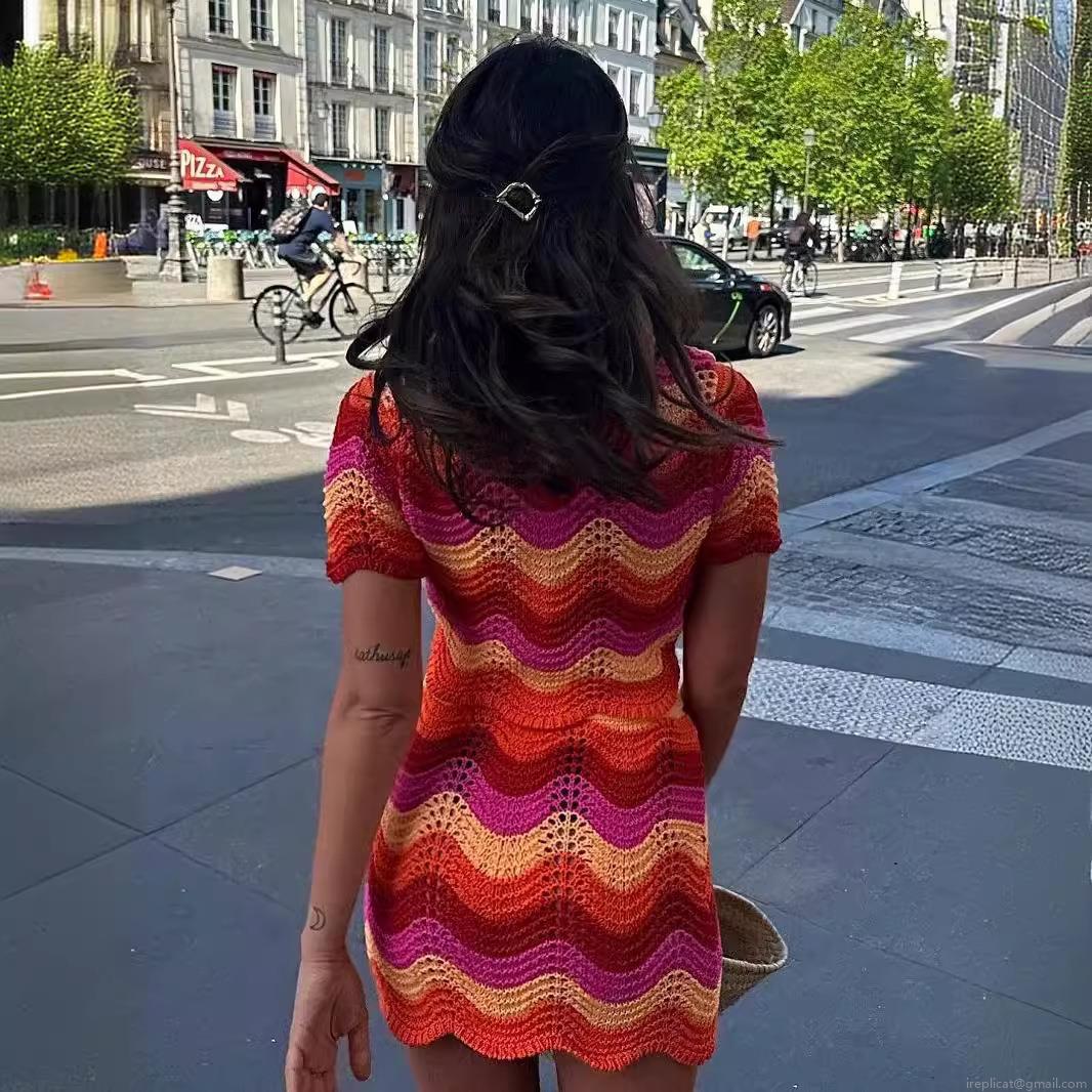 Women Crochet Knit Two Piece Skirt Set Zigzag Striped Short Sleeve Polo Top And Mini Skirt Vacation Outfits Summer Beachwear Sexy Party Clubwear