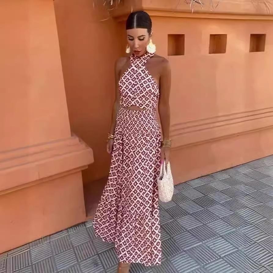Women's Two Piece Outfits Halter Neck Crop Top And High Waisted Midi Skirt Set Polyester Geometric Floral Print Backless Vacation Bohemian Style Dress Set