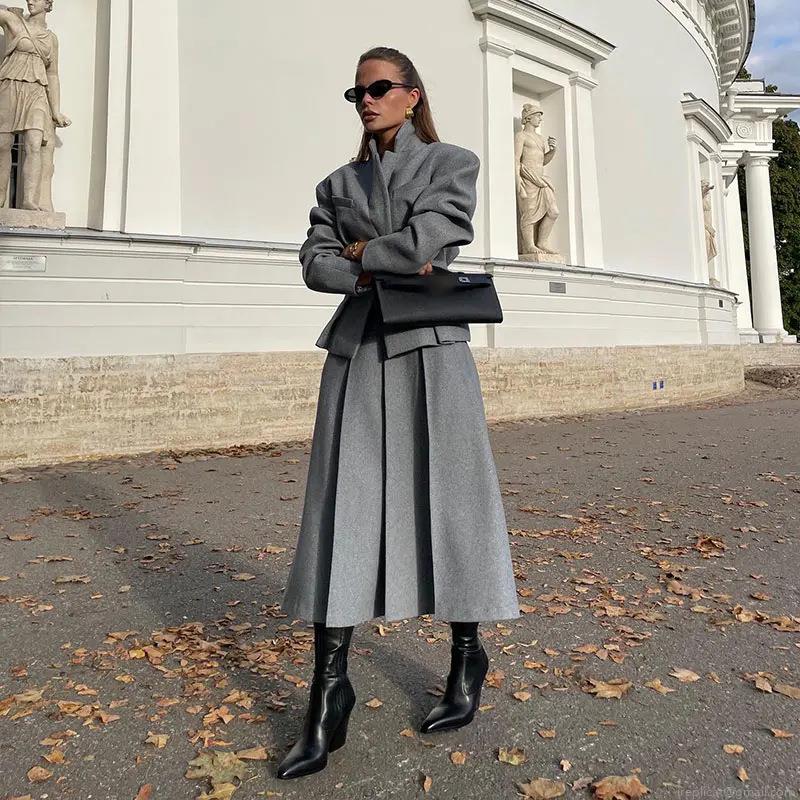 Elegant Women's Grey Blazer Skirt Set Slim Fit Woolen Texture Jacket And High Waist Pleated A-Line Long Skirt Two-Piece Suit For Office Party Streetwear