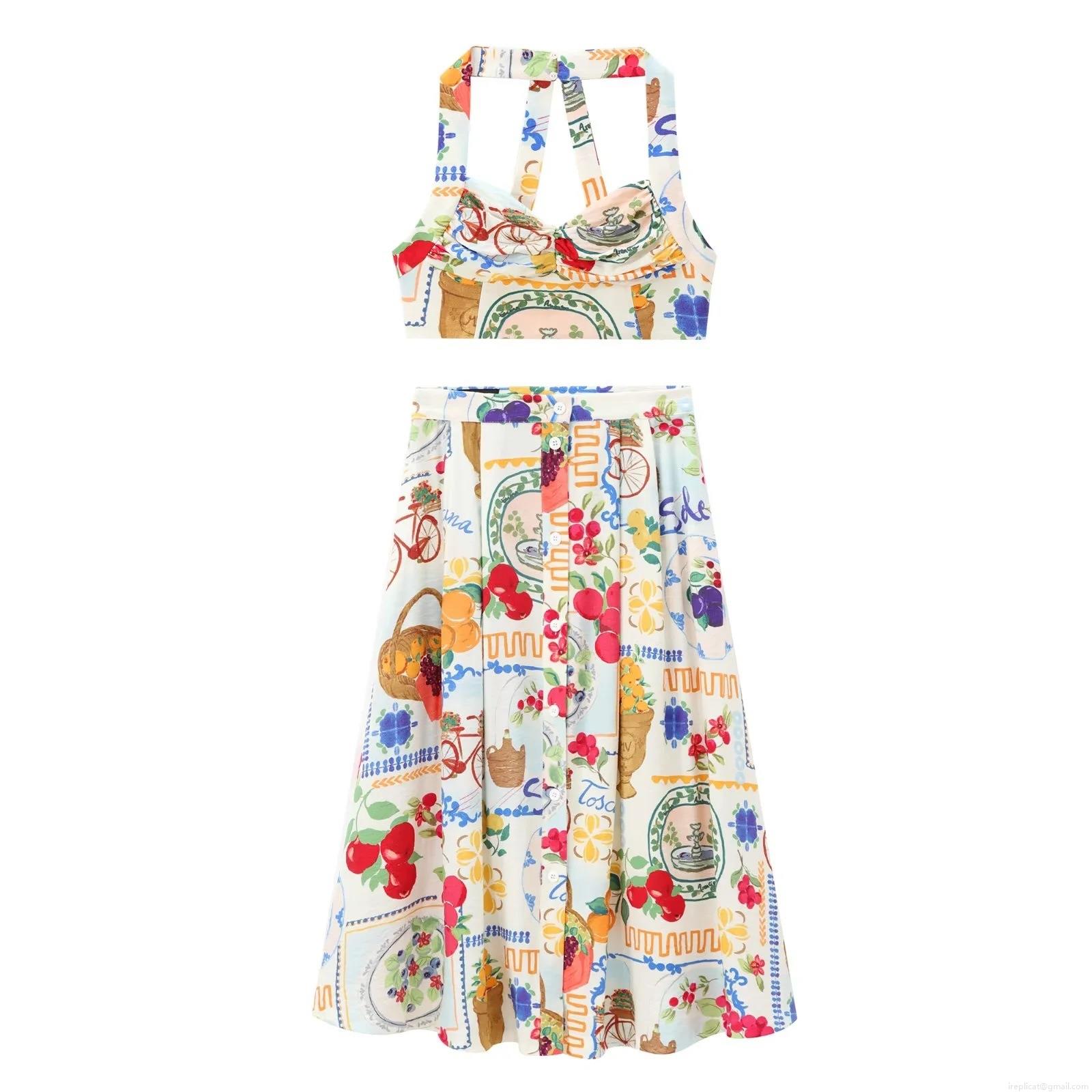 Women's 2 Piece Set Mediterranean Fruit Print Halter Crop Top and High Waist Button A-Line Midi Skirt Polyester Vacation Summer Beach Outfit Women's 2 Piece Set Mediterranean Fruit Print Halter Crop Top and High Waist Button A-Line Midi Skirt Polyester Vacation Summer Beach Outfit