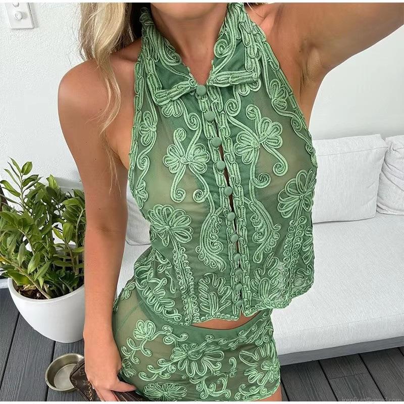 Women's Sexy Halter Backless 2 Piece Skirt Set Floral Embroidery Lapel Sleeveless Top And Mini Skirt Vacation Outfits For Women