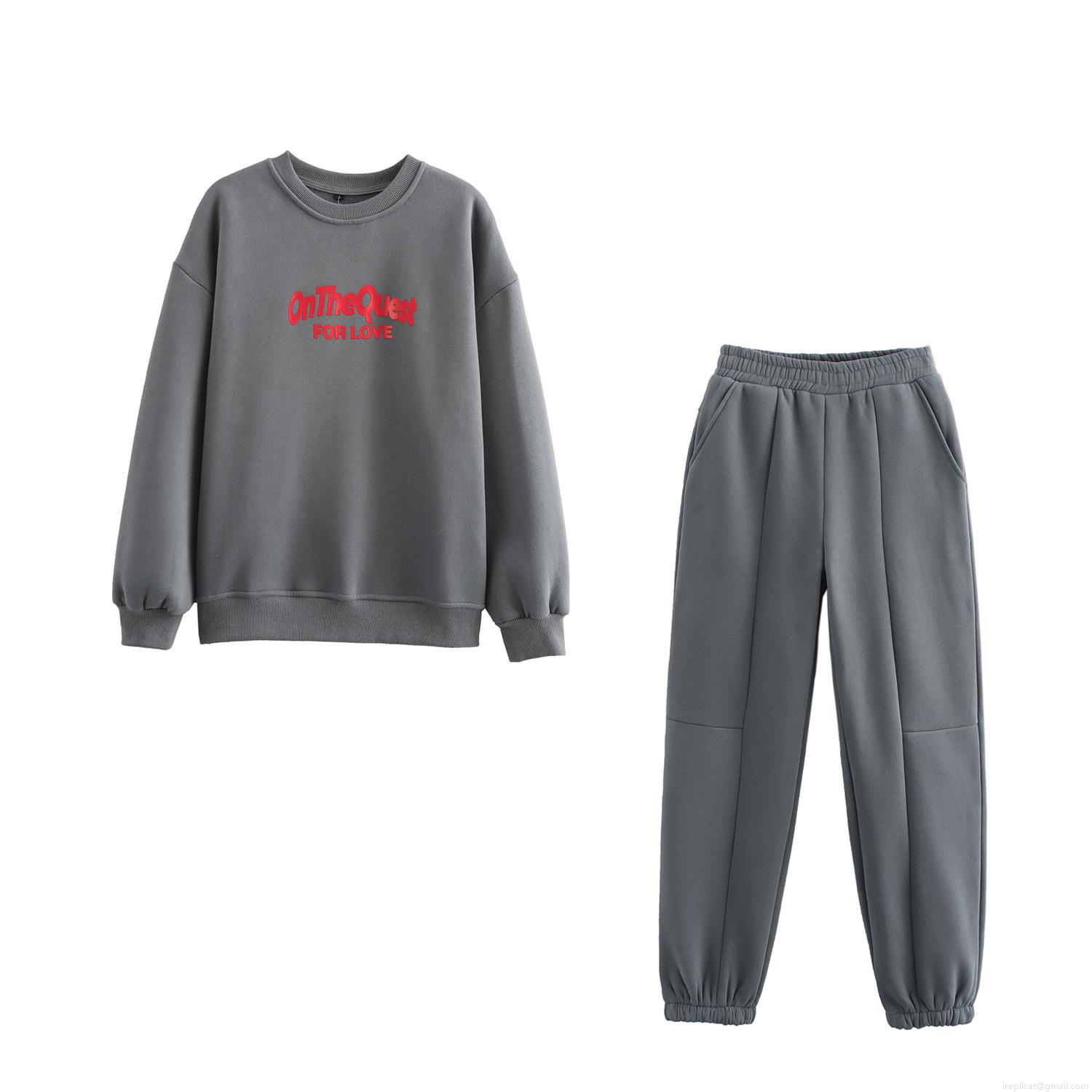 Women's Casual Grey Sweatshirt And Sweatpants Set Cotton Blend Printed Round Neck Long Sleeve Pullover With Jogger Pants Loungewear Two Piece Outfit For Fall Winter Streetwear Women's Casual Grey Sweatshirt And Sweatpants Set Cotton Blend Printed Round Neck Long Sleeve Pullover With Jogger Pants Loungewear Two Piece Outfit For Fall Winter Streetwear