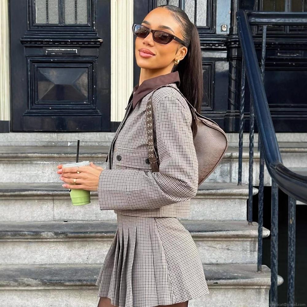 Women Retro Plaid Cropped Blazer Jacket And Pleated Mini Skirt Two Piece Set Vintage Houndstooth Long Sleeve Lapel Coat Skirt Outfit Fashion Women Retro Plaid Cropped Blazer Jacket And Pleated Mini Skirt Two Piece Set Vintage Houndstooth Long Sleeve Lapel Coat Skirt Outfit Fashion