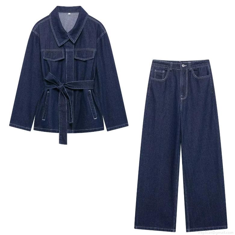 Women's Casual Two Piece Denim Set Long Sleeve Tie Waist Contrast Stitching Lapel Jacket And High Waist Wide Leg Long Pants Streetwear Outfits Women's Casual Two Piece Denim Set Long Sleeve Tie Waist Contrast Stitching Lapel Jacket And High Waist Wide Leg Long Pants Streetwear Outfits