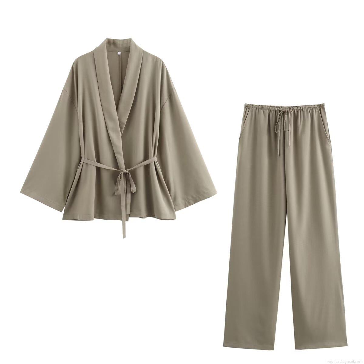 Women's Casual 2 Piece Set Kimono Wrap Tie Front Top and Wide Leg Pants Lounge Set 100% Polyester Woven Breathable Streetwear Tracksuit for Women Women's Casual 2 Piece Set Kimono Wrap Tie Front Top and Wide Leg Pants Lounge Set 100% Polyester Woven Breathable Streetwear Tracksuit for Women
