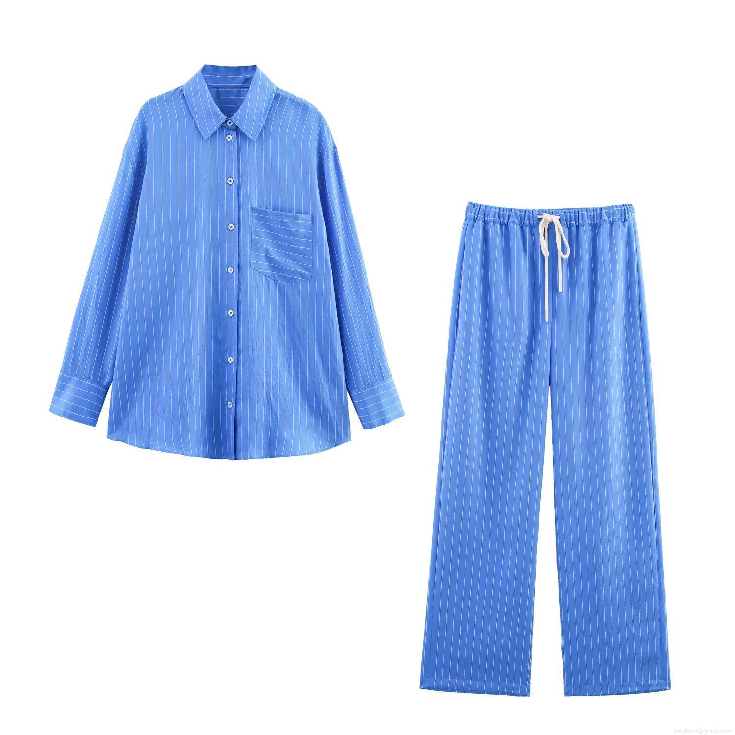 Women's Striped Pajama Style Lounge Set Loose Long Sleeve Button Down Shirt With Chest Pocket And Drawstring Wide Leg Pants Twill Satin Casual Suit For Women