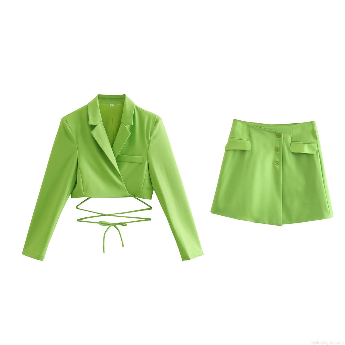 Women Sexy Lime Green Two Piece Set Cropped Tie-up Blazer Jacket And Mini A-line Skirt Suit Streetwear Party Outfits Women Sexy Lime Green Two Piece Set Cropped Tie-up Blazer Jacket And Mini A-line Skirt Suit Streetwear Party Outfits